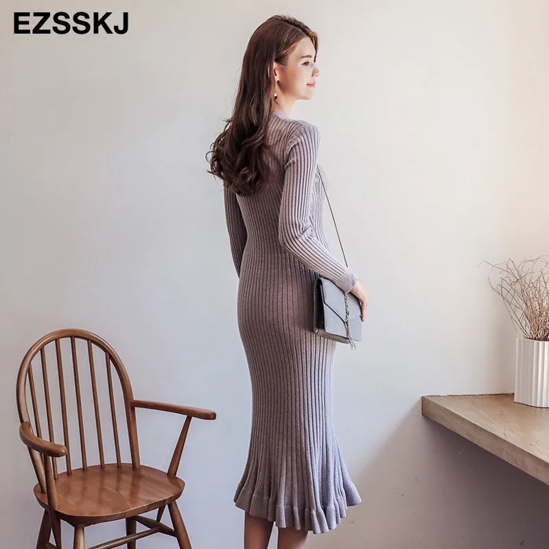 2022 Autumn Winter Thick Mermaid Maxi Sweater Dress Women O-Neck Long Sweater Dress Elegant Female A