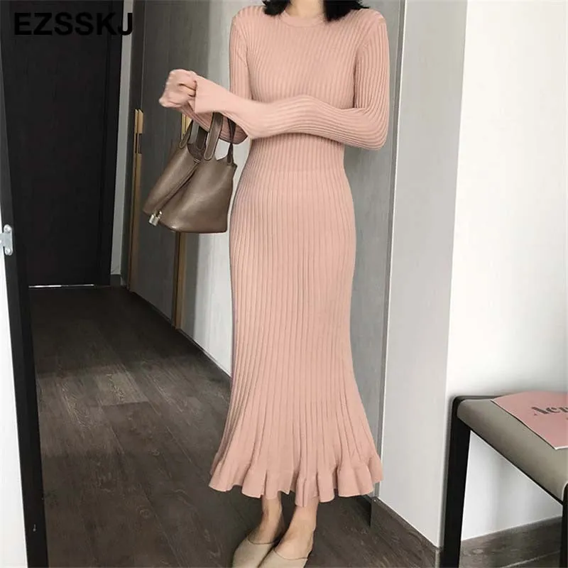 2022 Autumn Winter Thick Mermaid Maxi Sweater Dress Women O-Neck Long Sweater Dress Elegant Female A