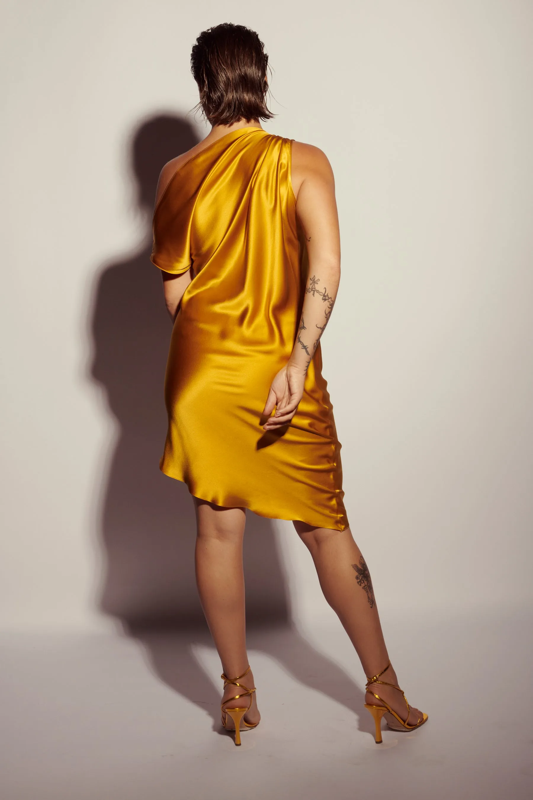 Asymmetric Draped Shoulder Dress - Black