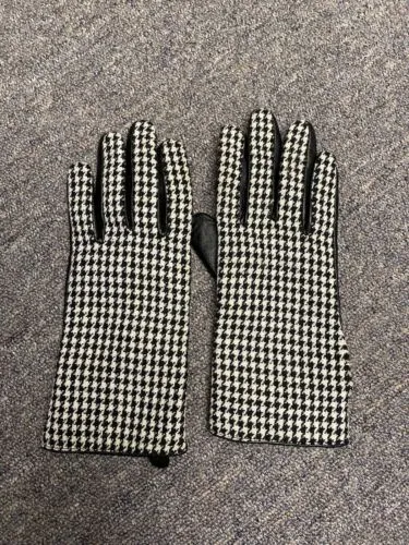 Black Leather And Houndstooth Gloves Sz Med