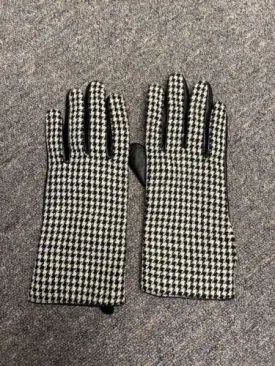 Black Leather And Houndstooth Gloves Sz Med