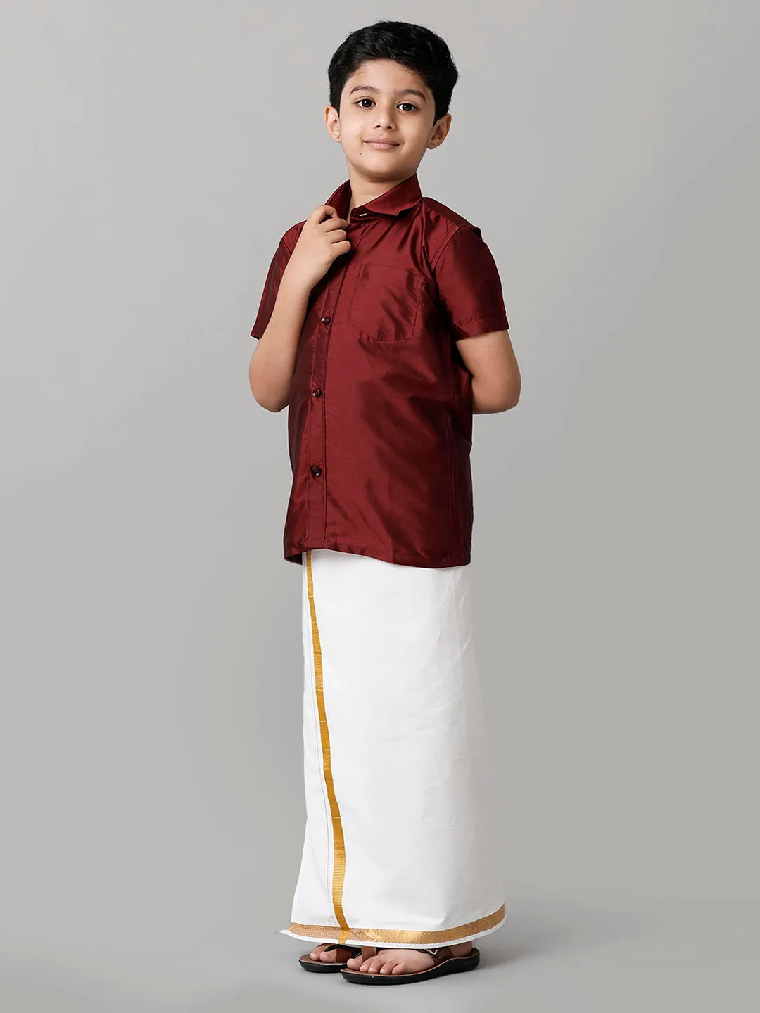 Boys Silk Cotton Maroon Half Sleeves Shirt with Adjustable White Dhoti Combo K7