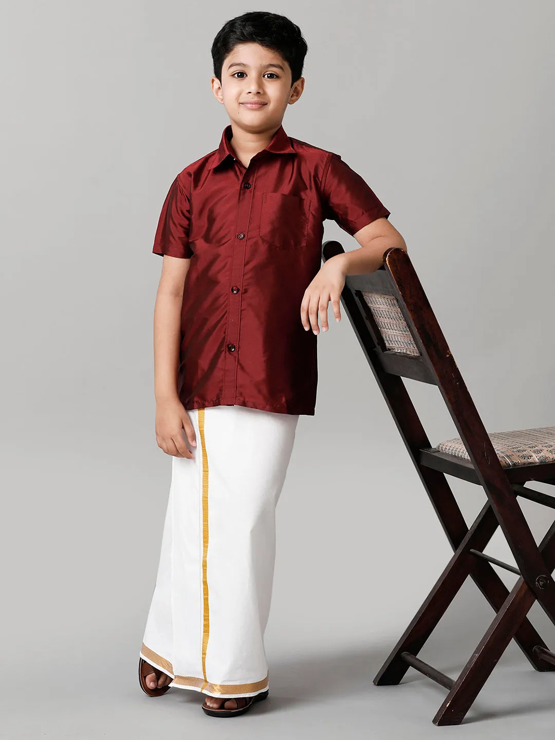 Boys Silk Cotton Maroon Half Sleeves Shirt with Adjustable White Dhoti Combo K7