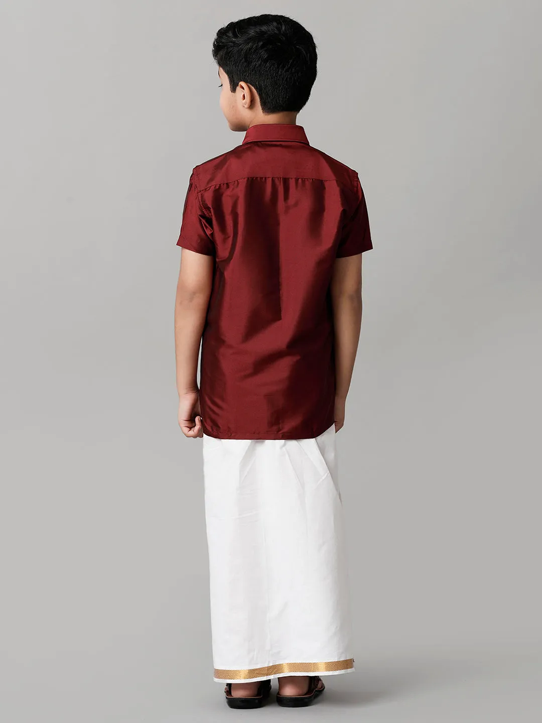 Boys Silk Cotton Maroon Half Sleeves Shirt with Adjustable White Dhoti Combo K7