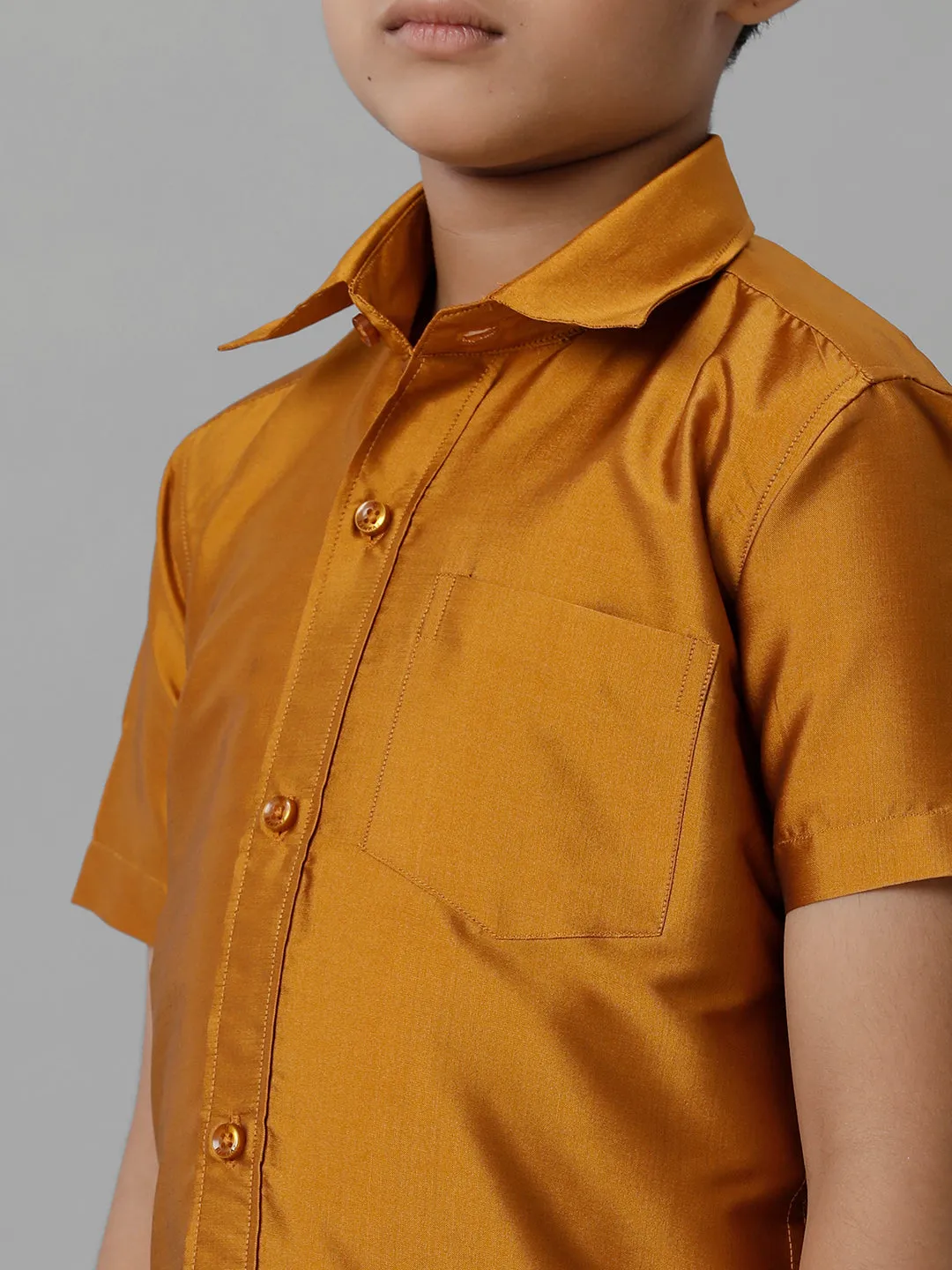 Boys Silk Cotton Mustard Half Sleeves Shirt with Adjustable Cream Dhoti Combo K37