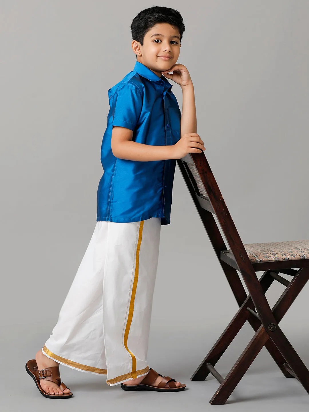 Boys Silk Cotton Royal Blue Half Sleeves Shirt with Adjustable White Dhoti Combo K10