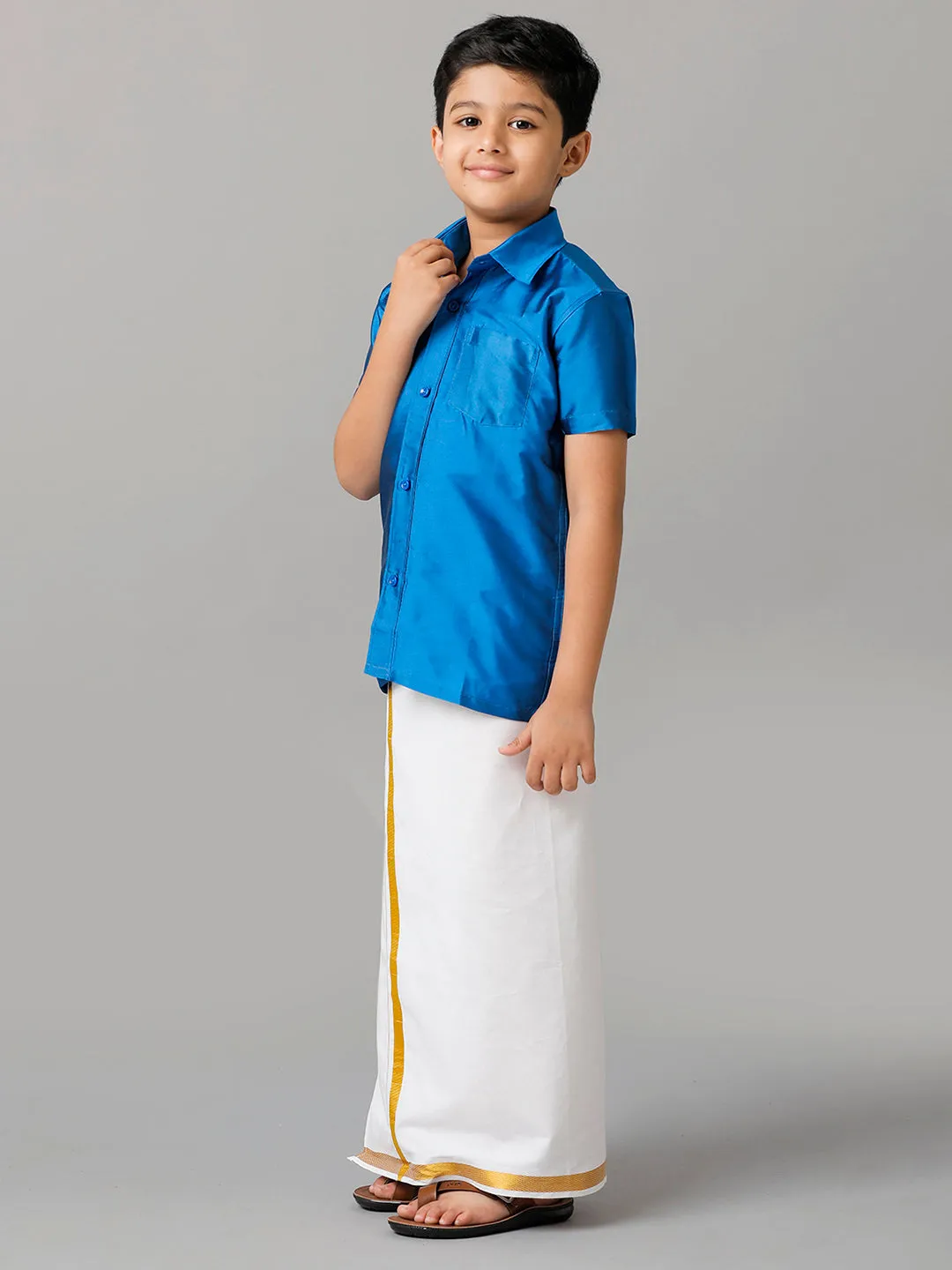 Boys Silk Cotton Royal Blue Half Sleeves Shirt with Adjustable White Dhoti Combo K10