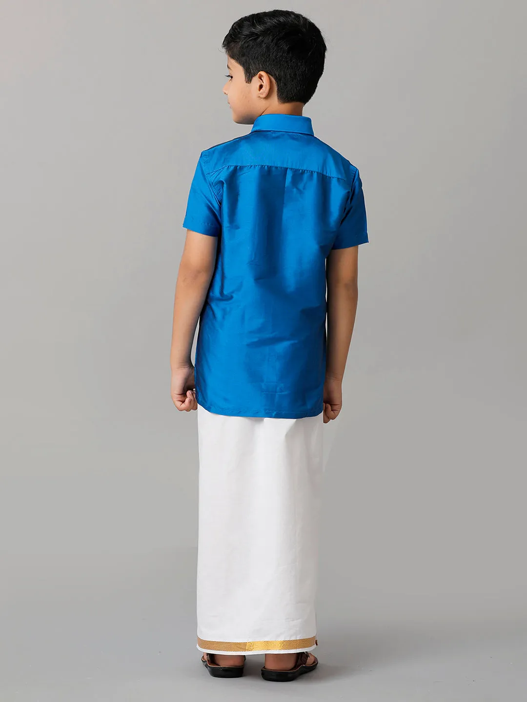 Boys Silk Cotton Royal Blue Half Sleeves Shirt with Adjustable White Dhoti Combo K10