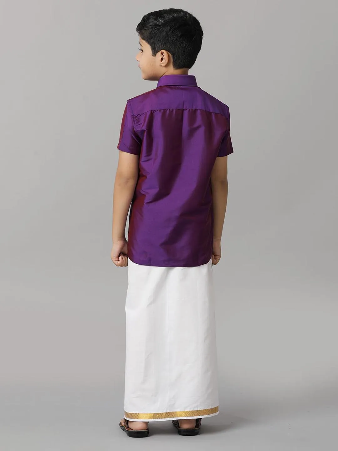 Boys Silk Cotton Violet Half Sleeves Shirt with Adjustable White Dhoti Combo K21