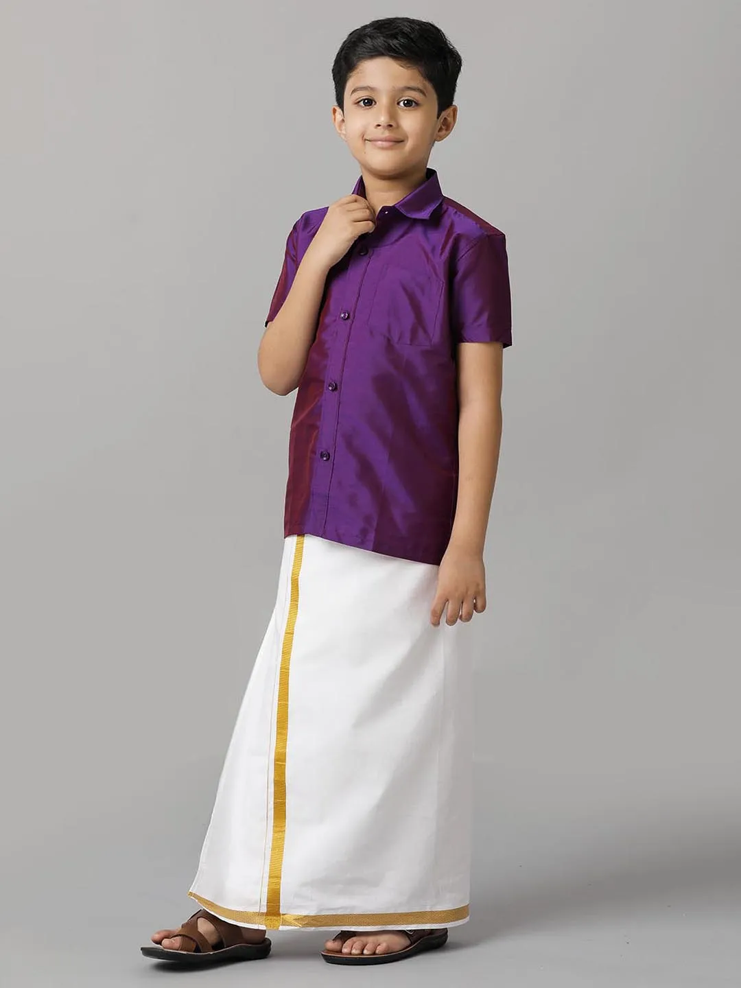 Boys Silk Cotton Violet Half Sleeves Shirt with Adjustable White Dhoti Combo K21