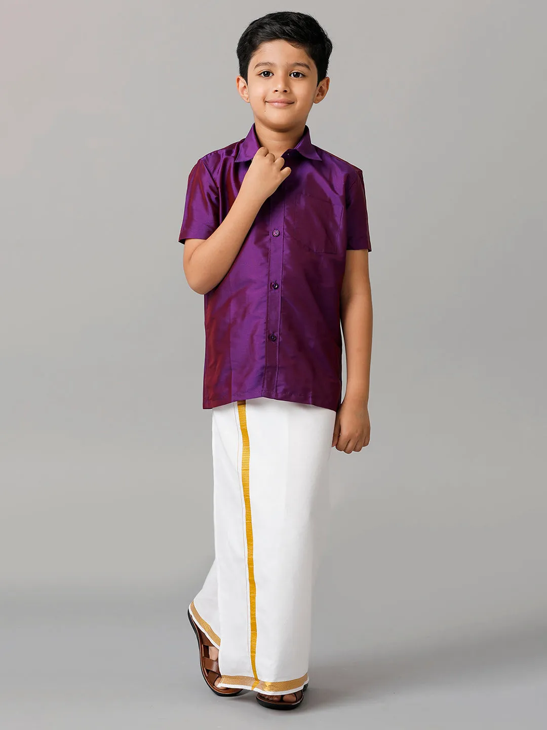 Boys Silk Cotton Violet Half Sleeves Shirt with Adjustable White Dhoti Combo K21