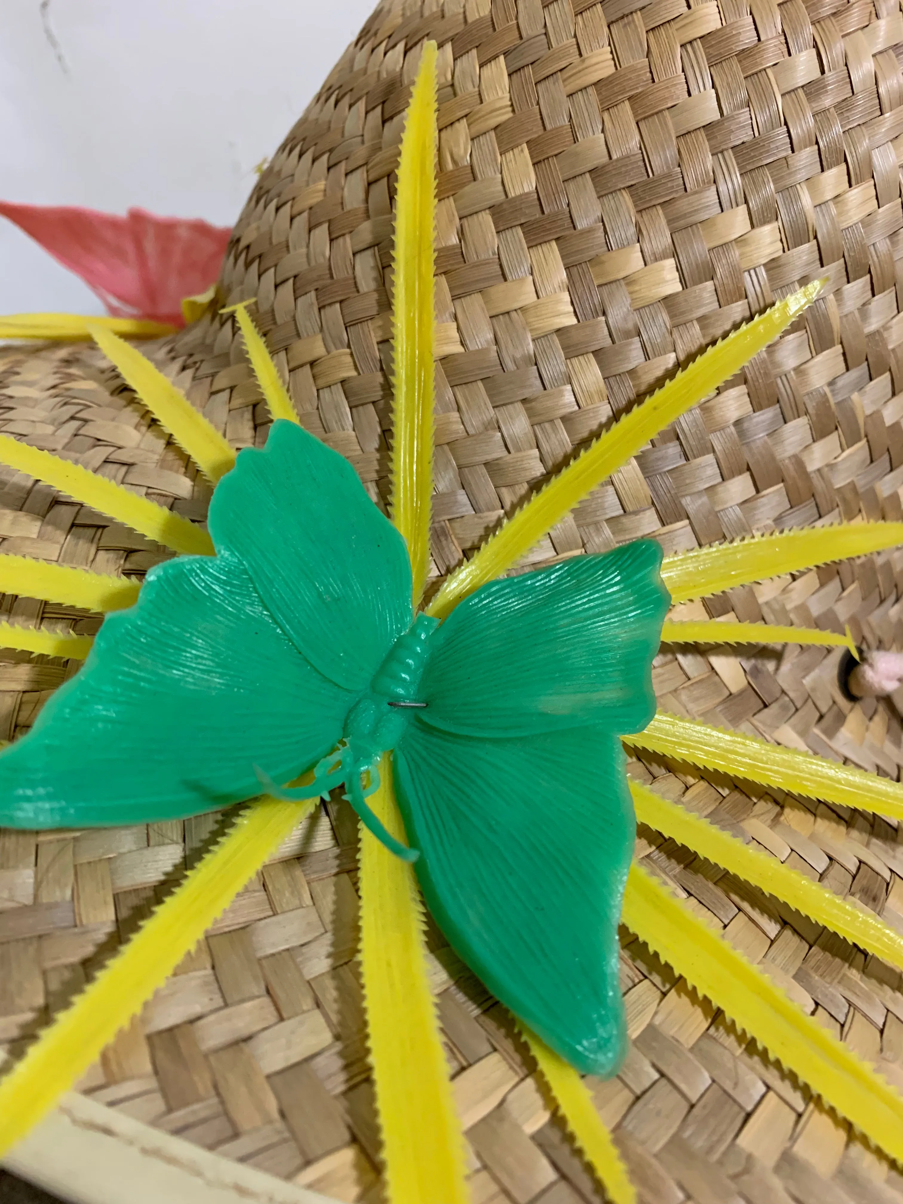 Braided Flat Straw Sun Hat with Butterflies and Flowers circa 1940s