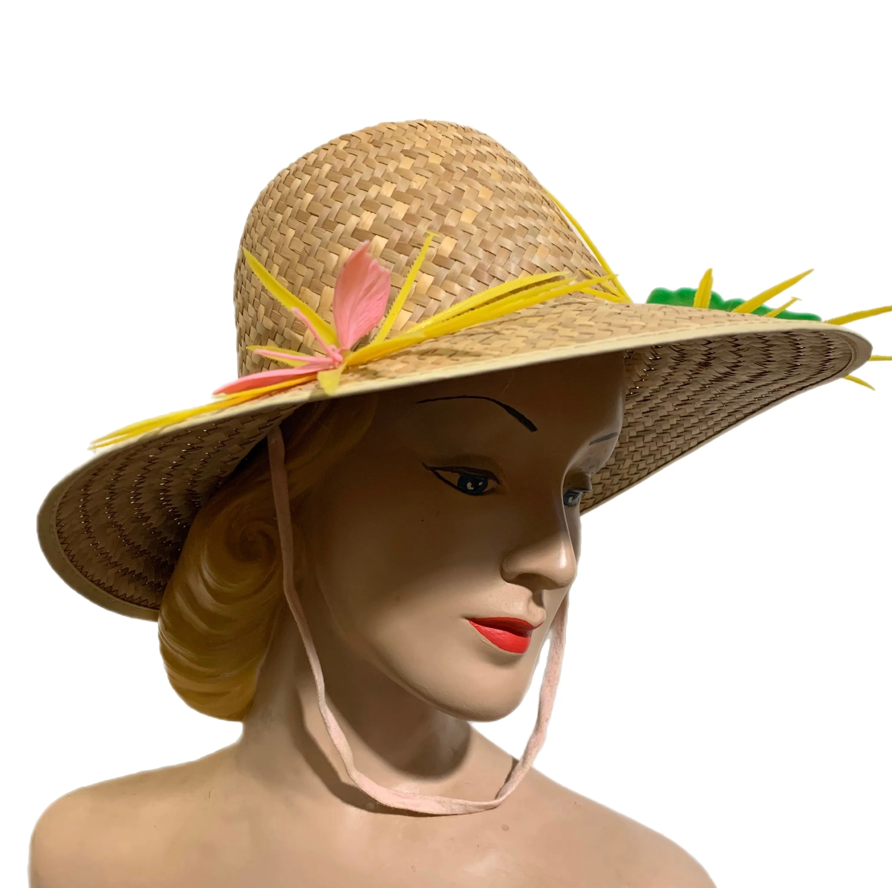 Braided Flat Straw Sun Hat with Butterflies and Flowers circa 1940s