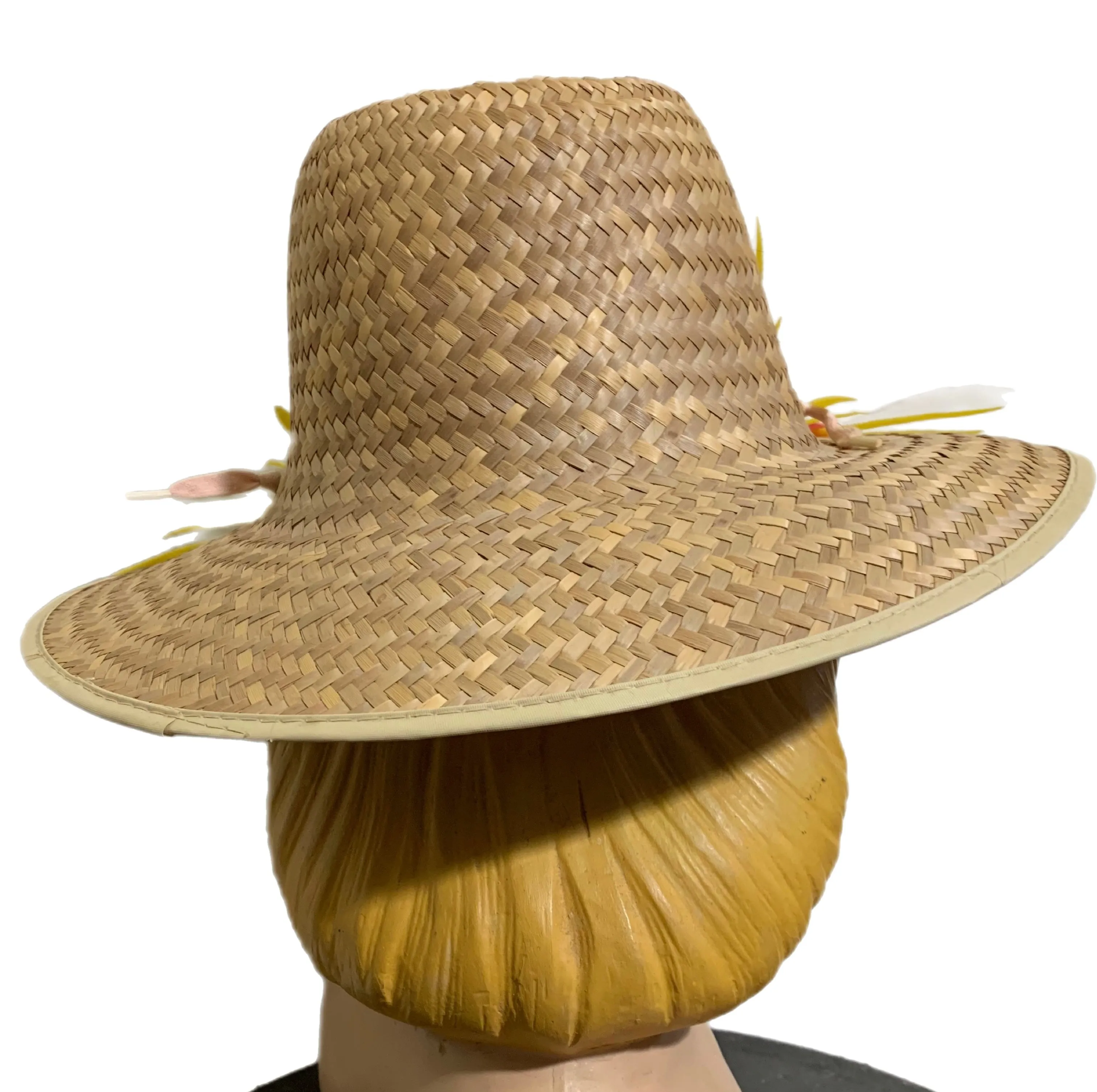 Braided Flat Straw Sun Hat with Butterflies and Flowers circa 1940s