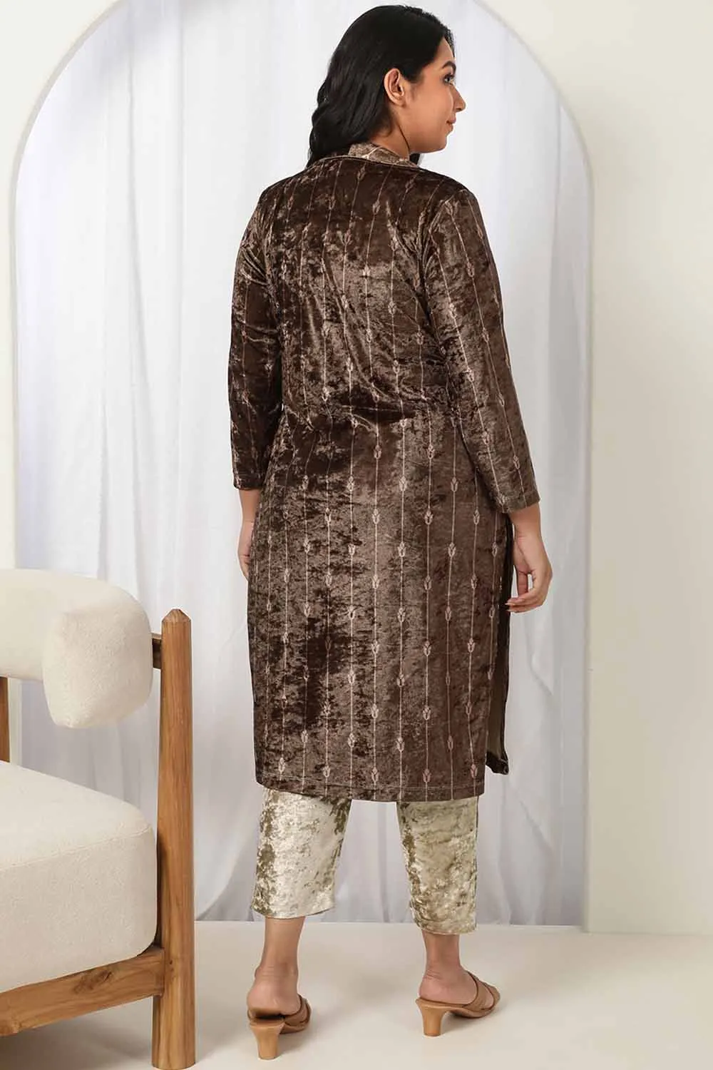 Brown V Neck Velvet Kurta