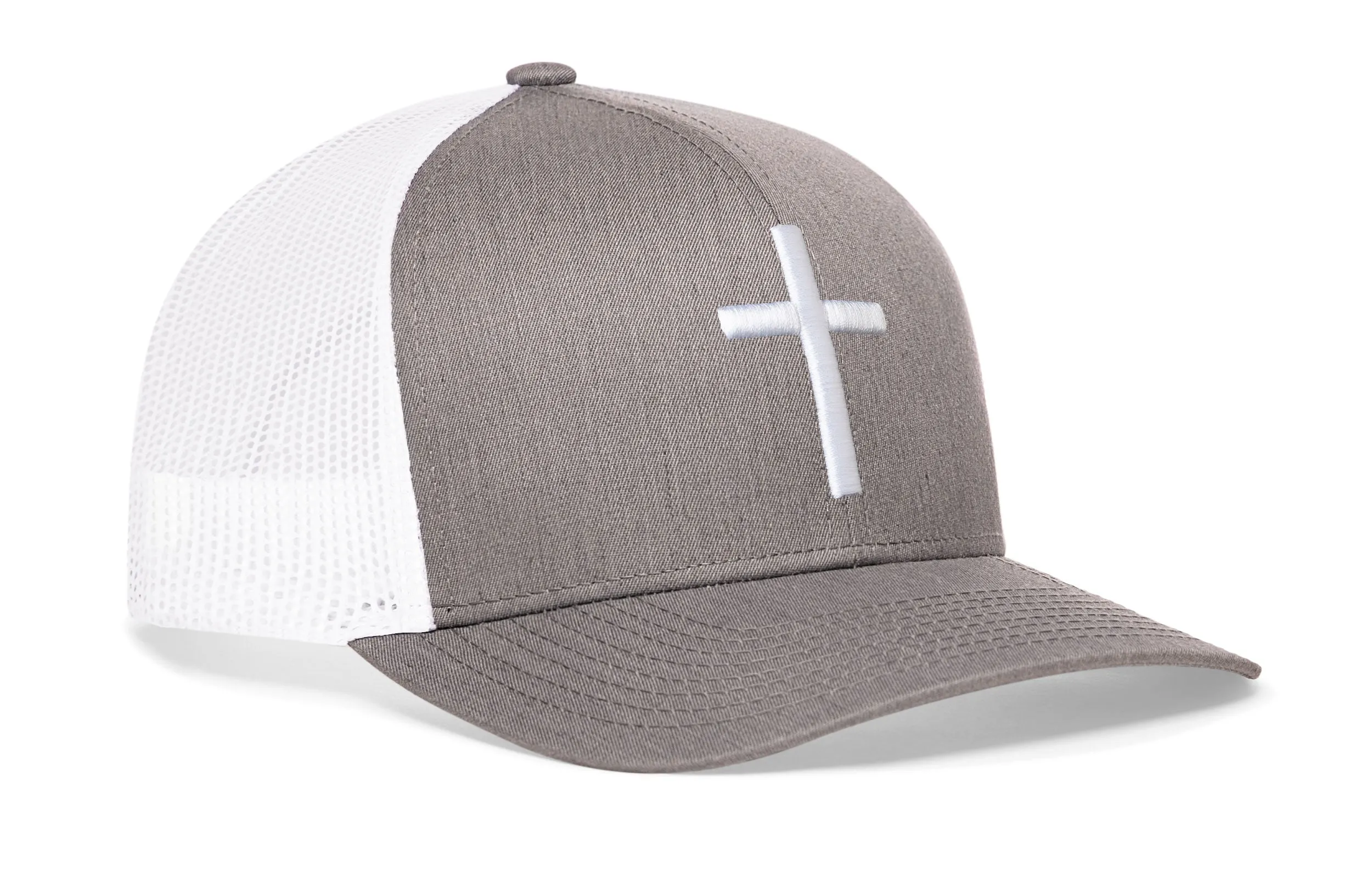 Cross Trucker Hat  |  Gray White Christian 3D Puff Snapback