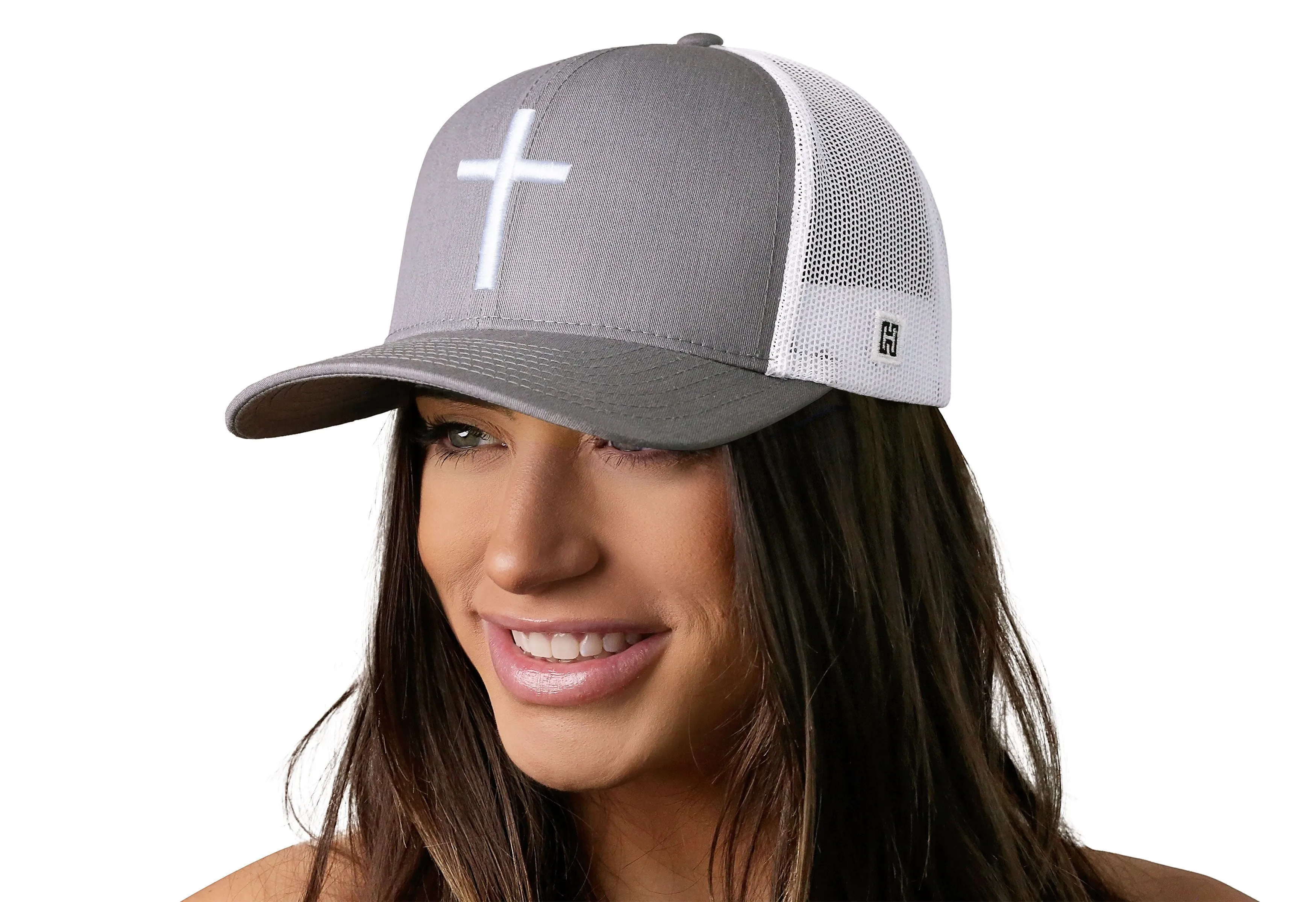 Cross Trucker Hat  |  Gray White Christian 3D Puff Snapback