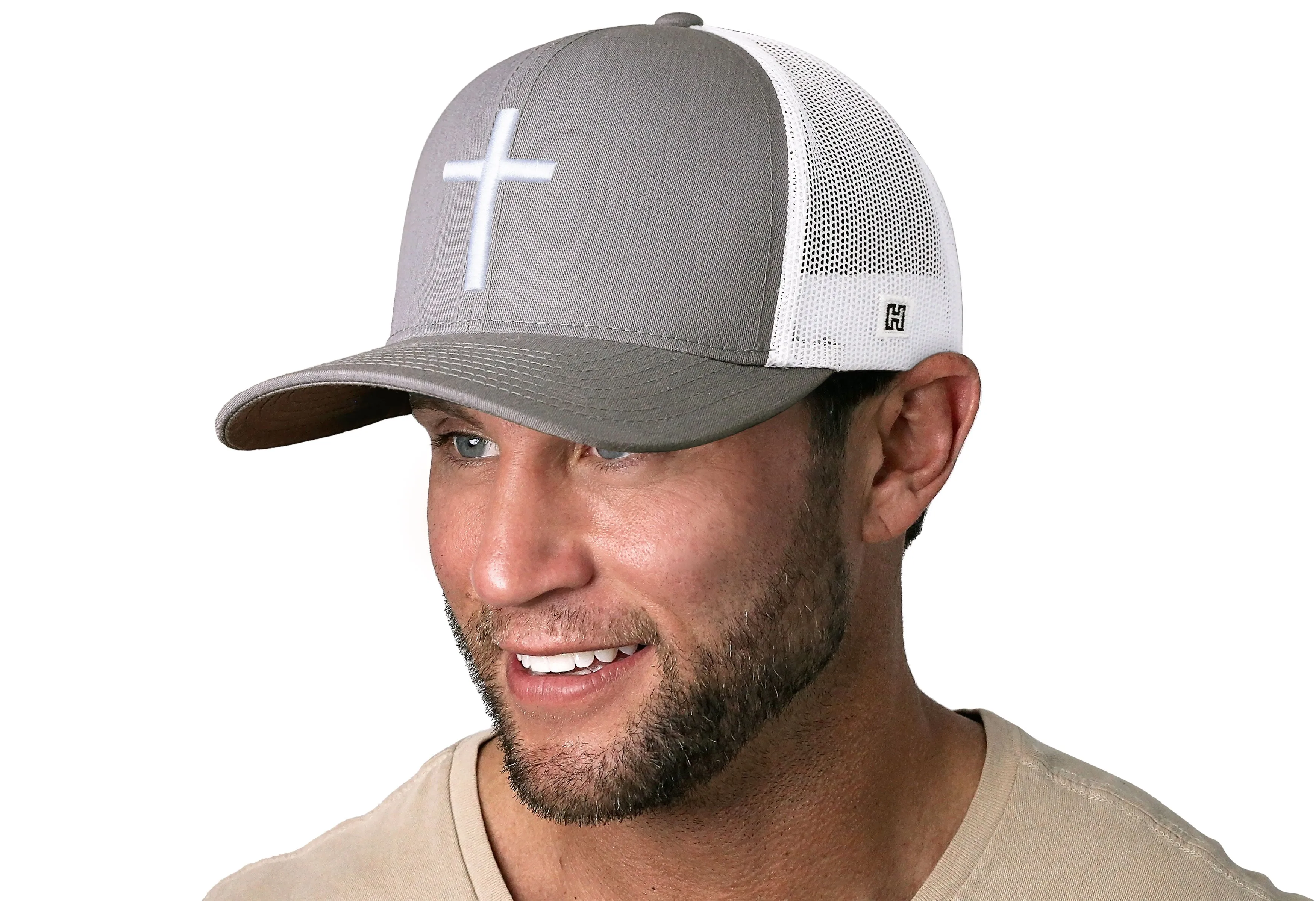 Cross Trucker Hat  |  Gray White Christian 3D Puff Snapback