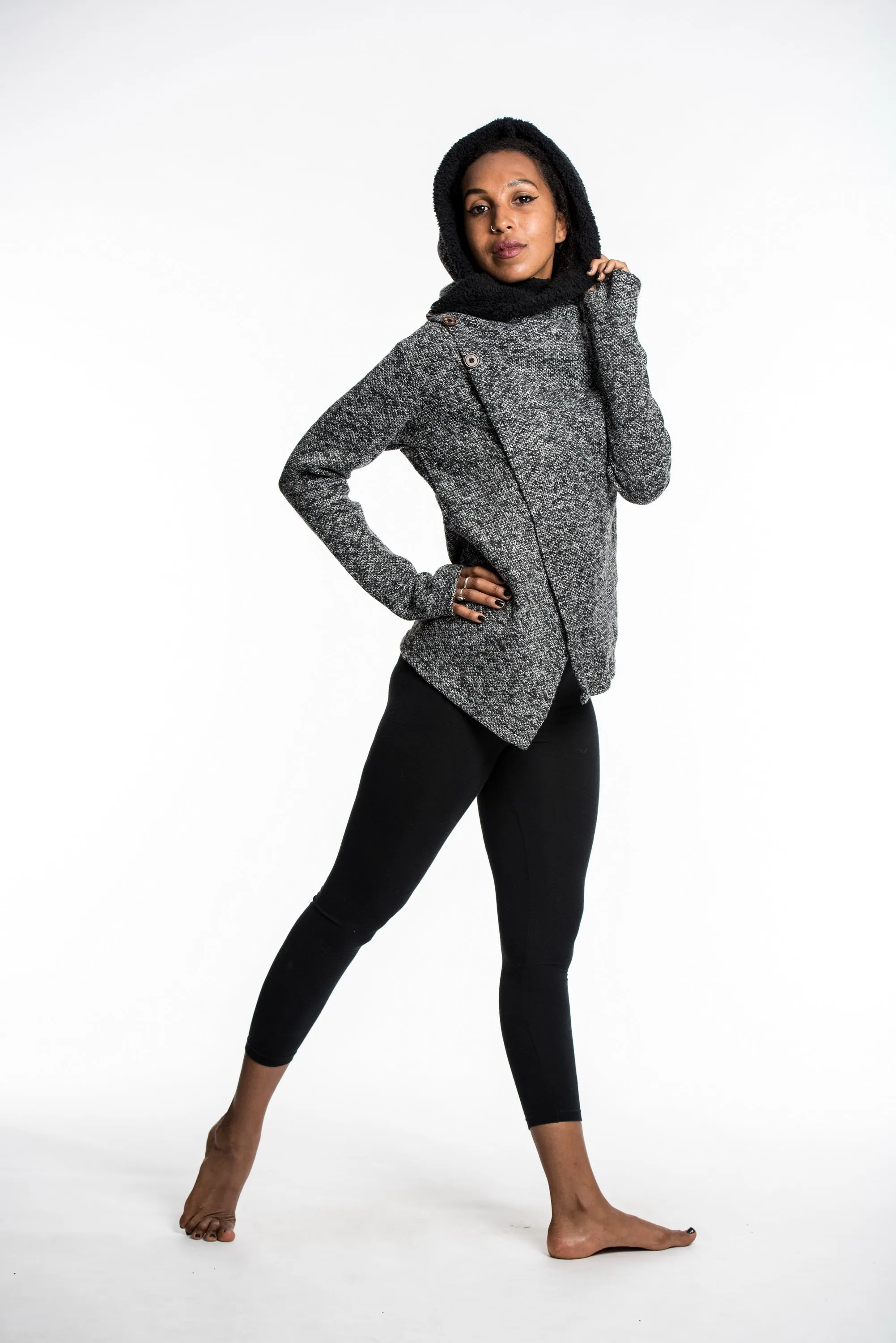 Diagonal Button Hoodie Shawl Combo