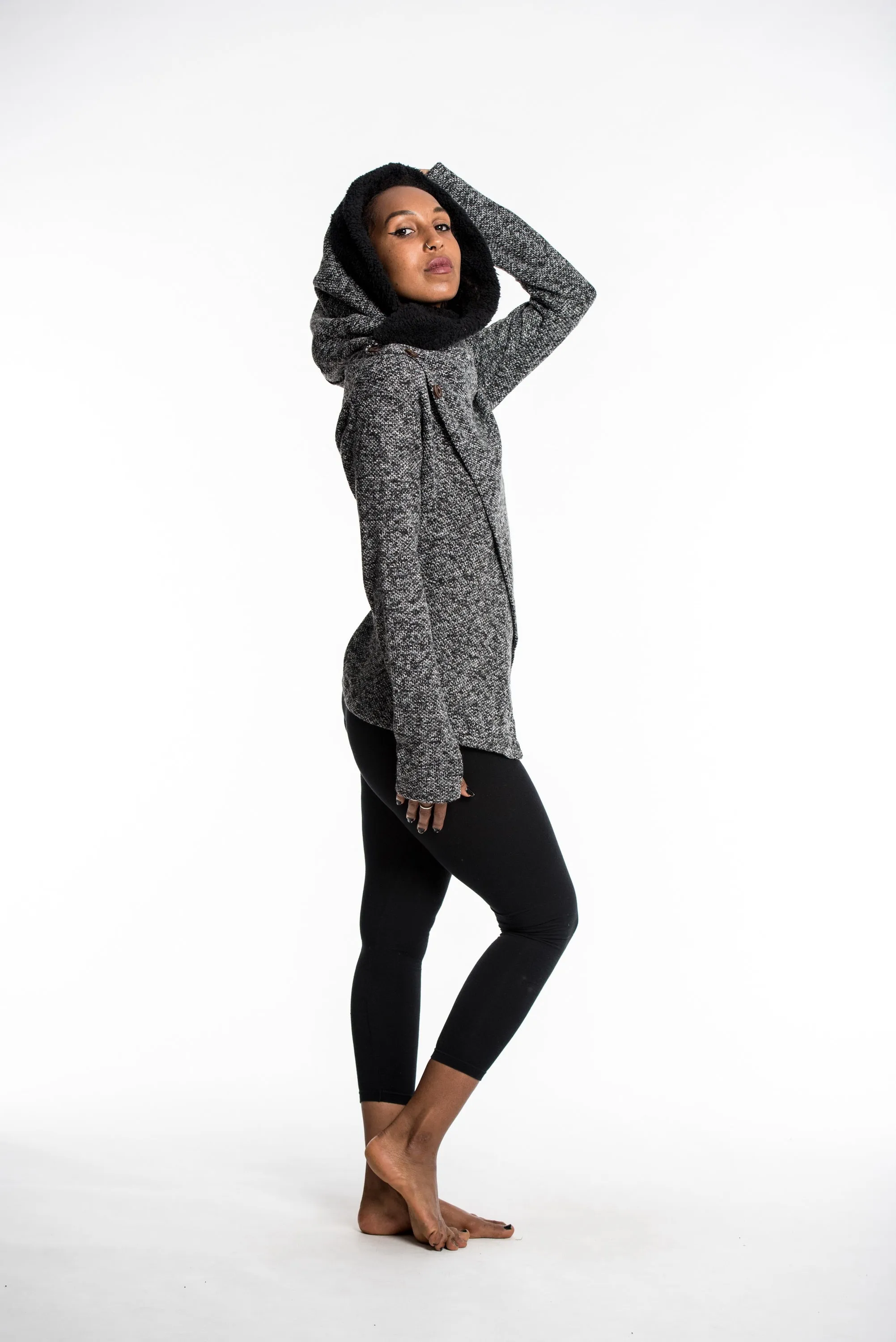 Diagonal Button Hoodie Shawl Combo