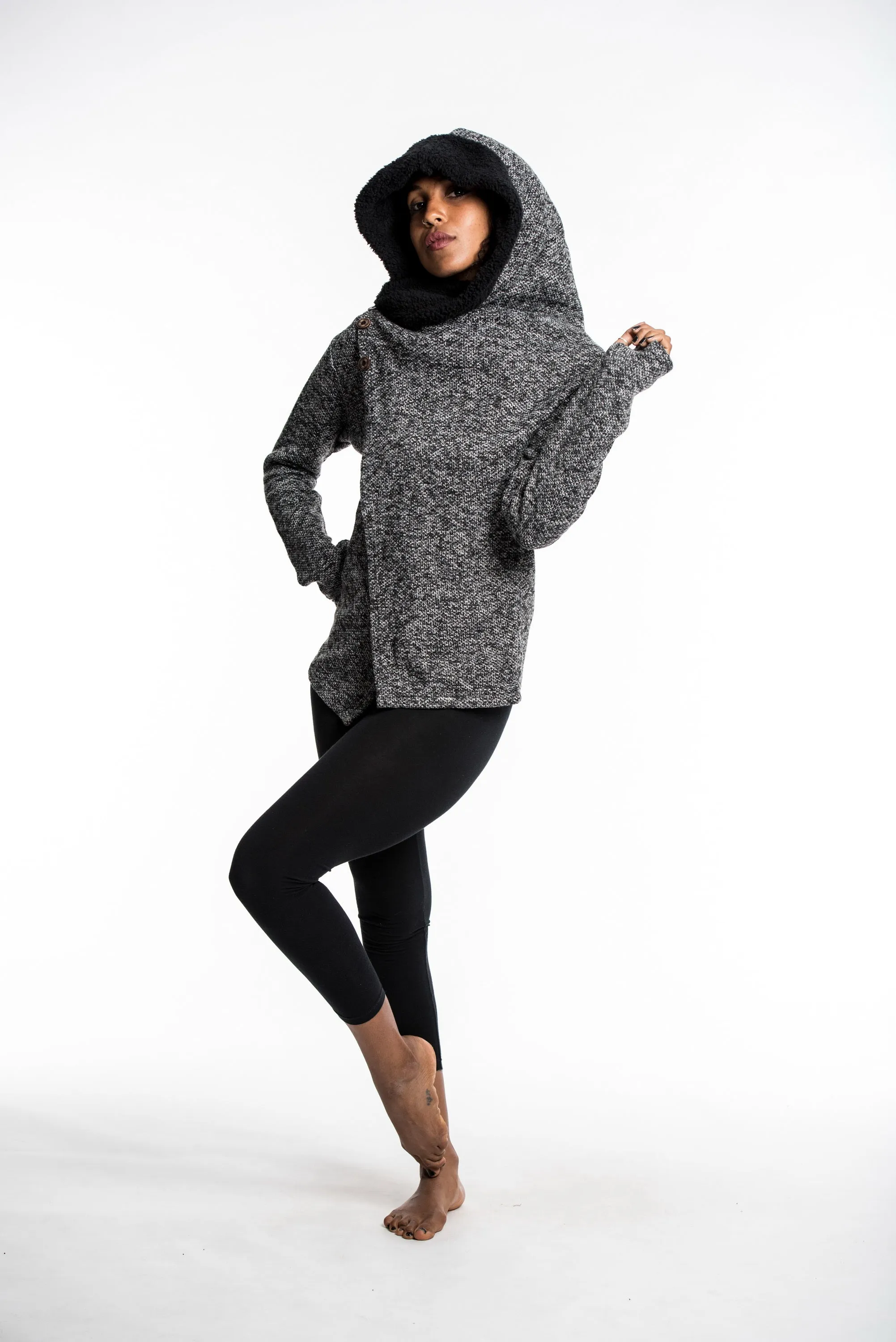 Diagonal Button Hoodie Shawl Combo