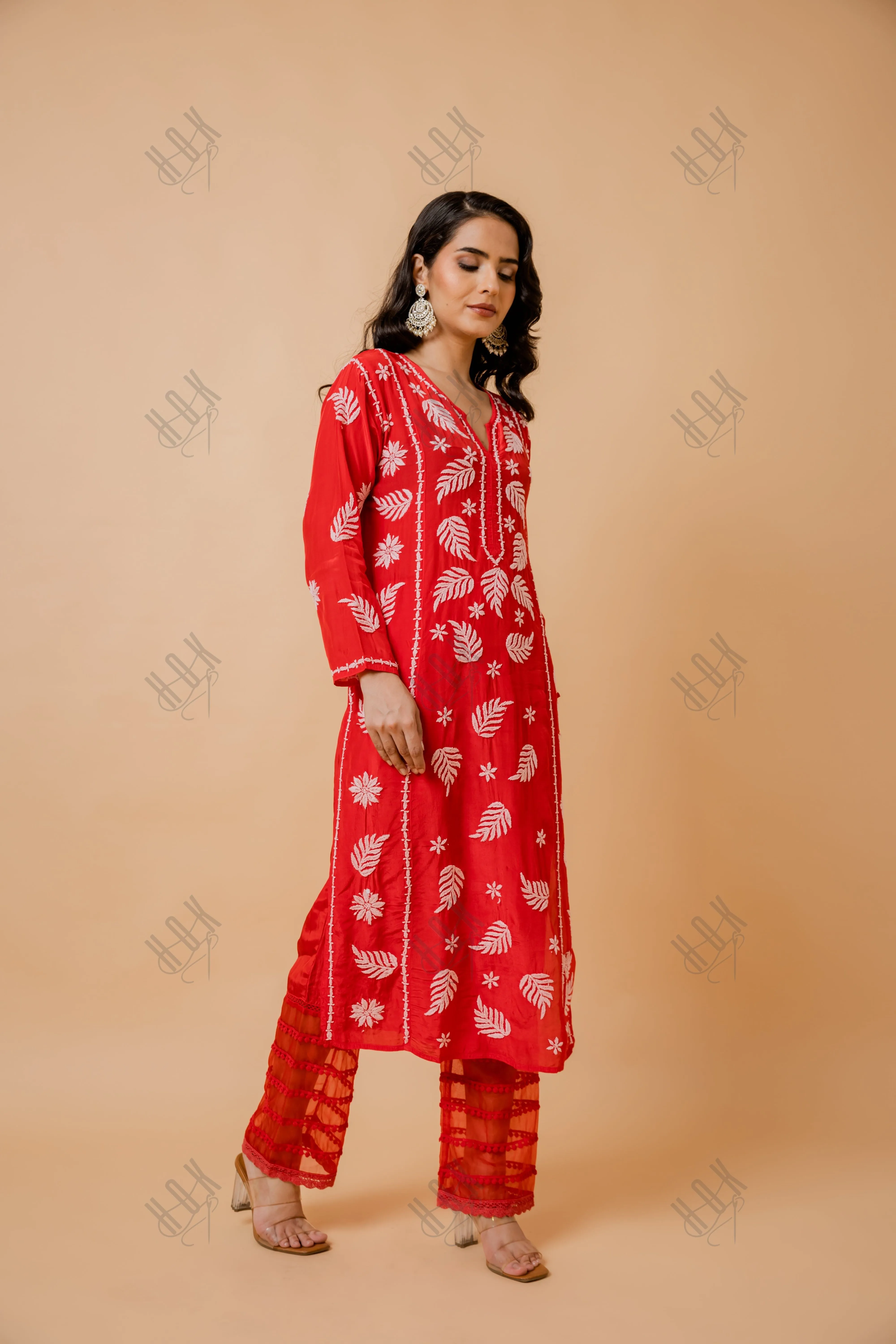 Fizaa Chikankari Crepe Silk Kurta for Women in Red Notch Neck