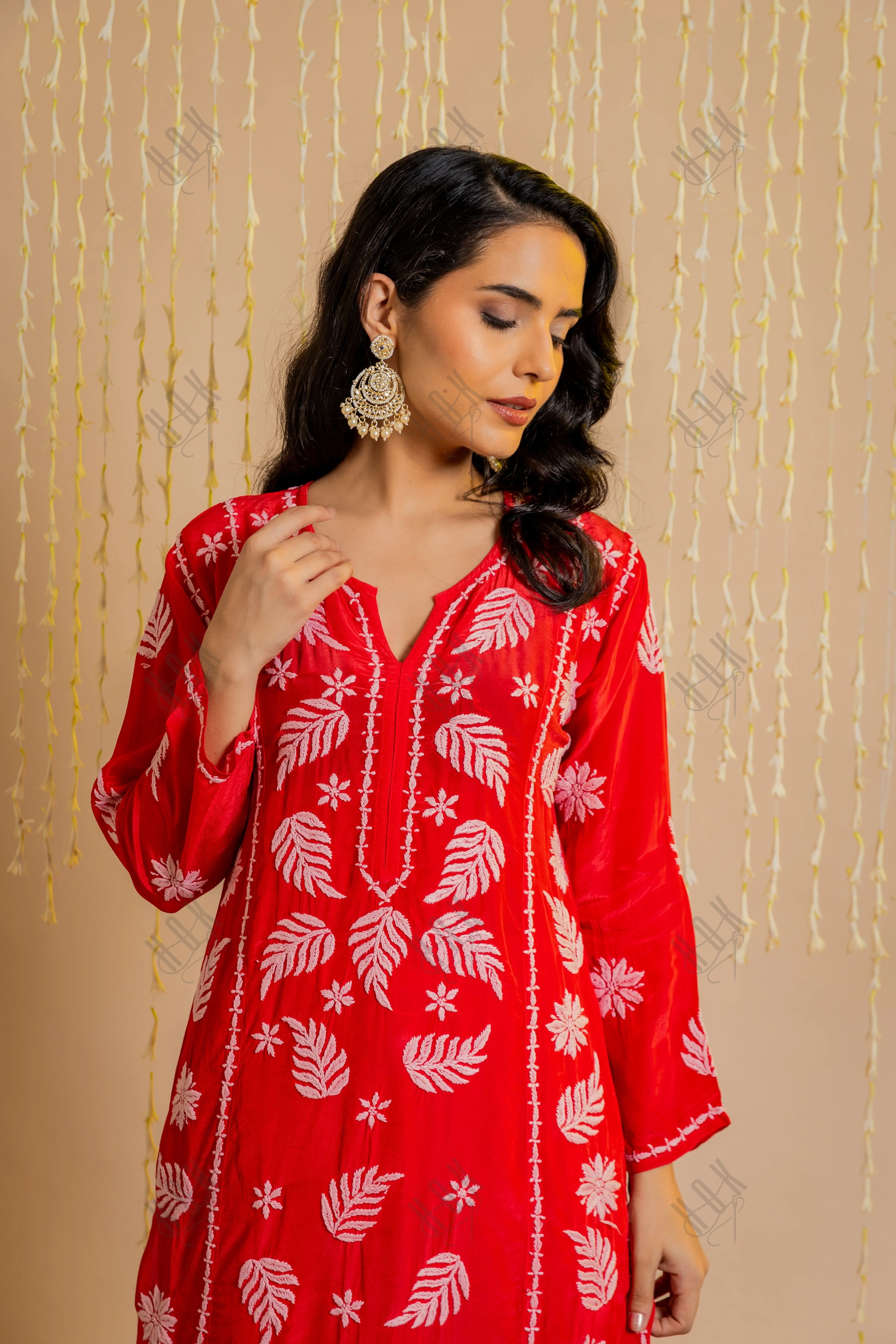 Fizaa Chikankari Crepe Silk Kurta for Women in Red Notch Neck