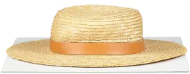 Lack Of Color Beige Straw Boater With Tan Leather Detail 57cm UK M