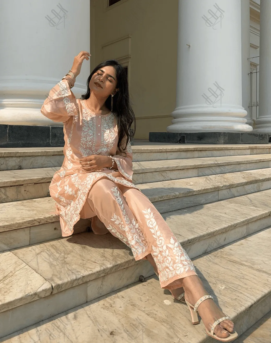 Mahnaz in Saba Chikankari Kurta Set in Habutai Silk - Peach