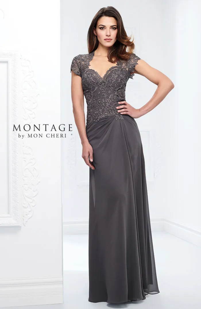 Mon Cheri 115974 Cap Sleeve Lace Chiffon Gown
