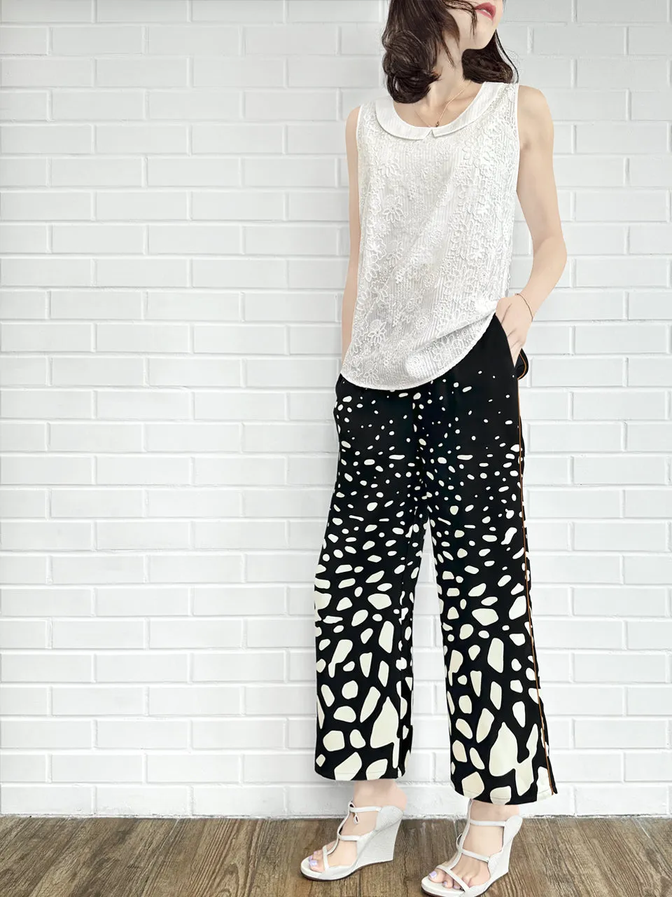 Mono Gradate Dots Contrast Piping Silky Cropped Trousers