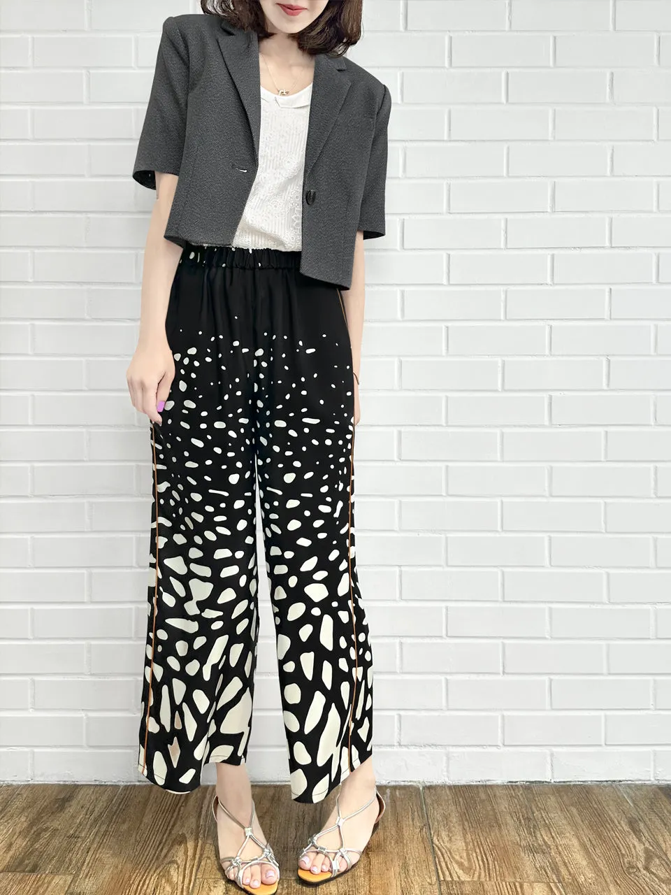 Mono Gradate Dots Contrast Piping Silky Cropped Trousers