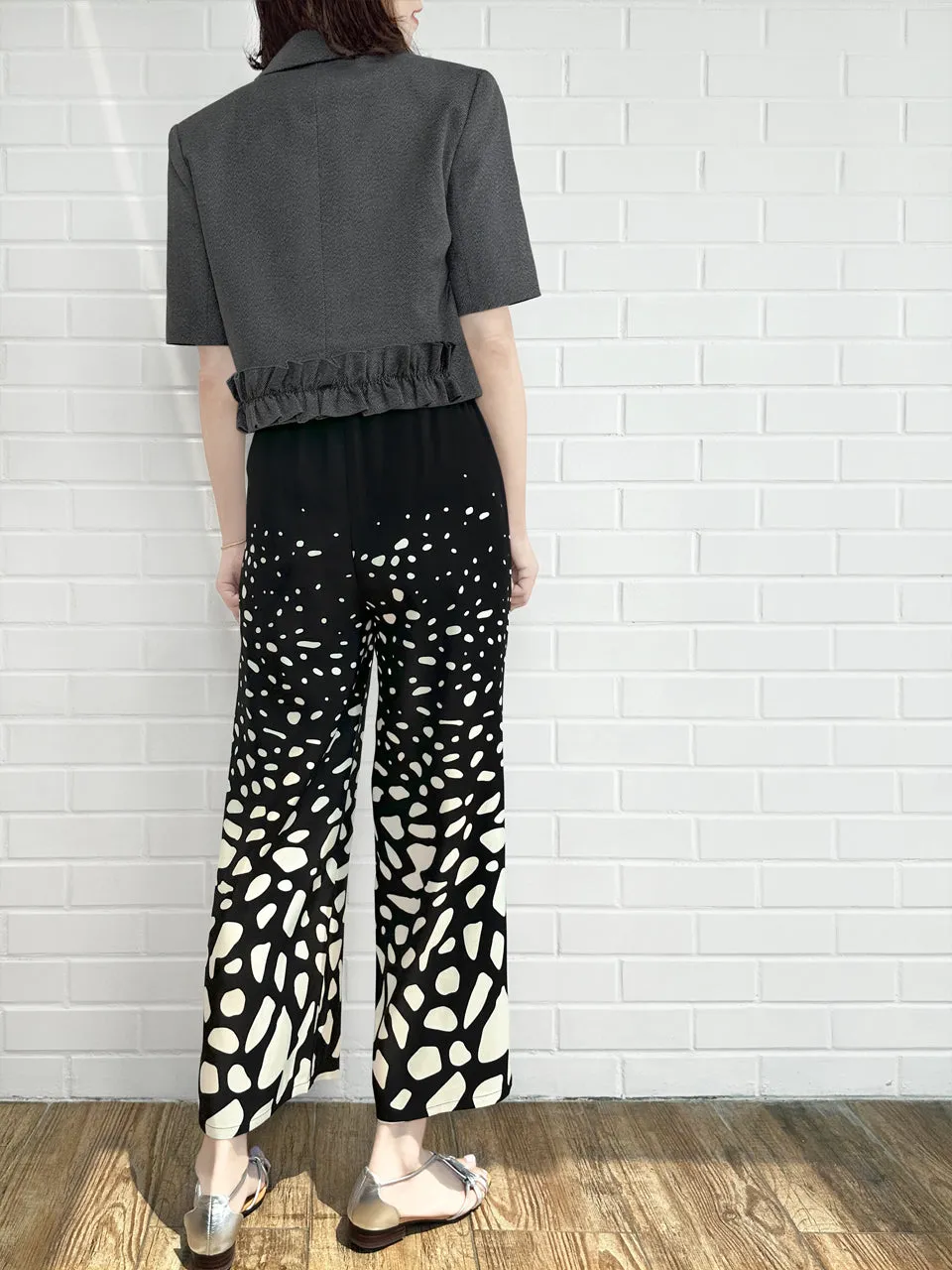 Mono Gradate Dots Contrast Piping Silky Cropped Trousers