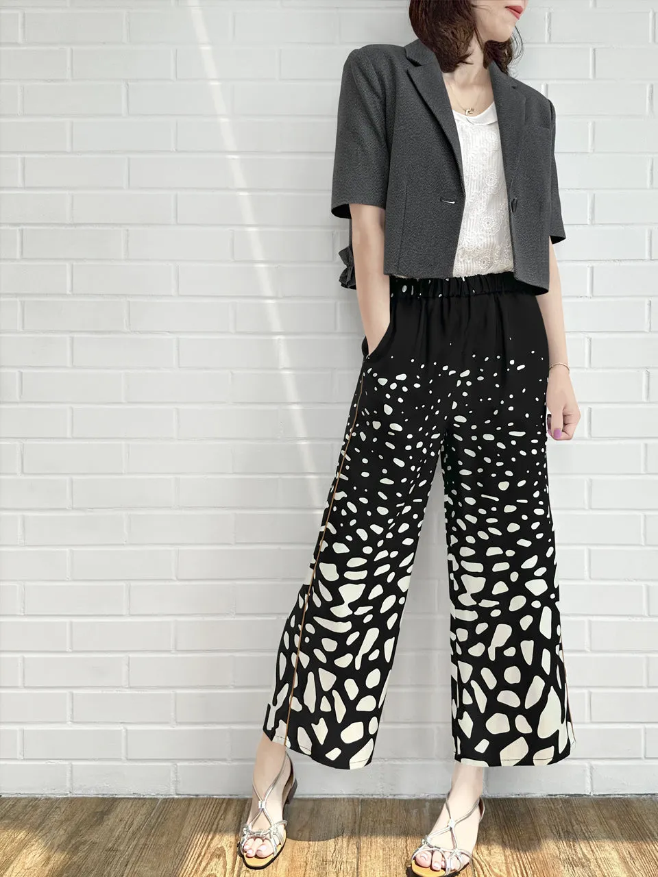 Mono Gradate Dots Contrast Piping Silky Cropped Trousers