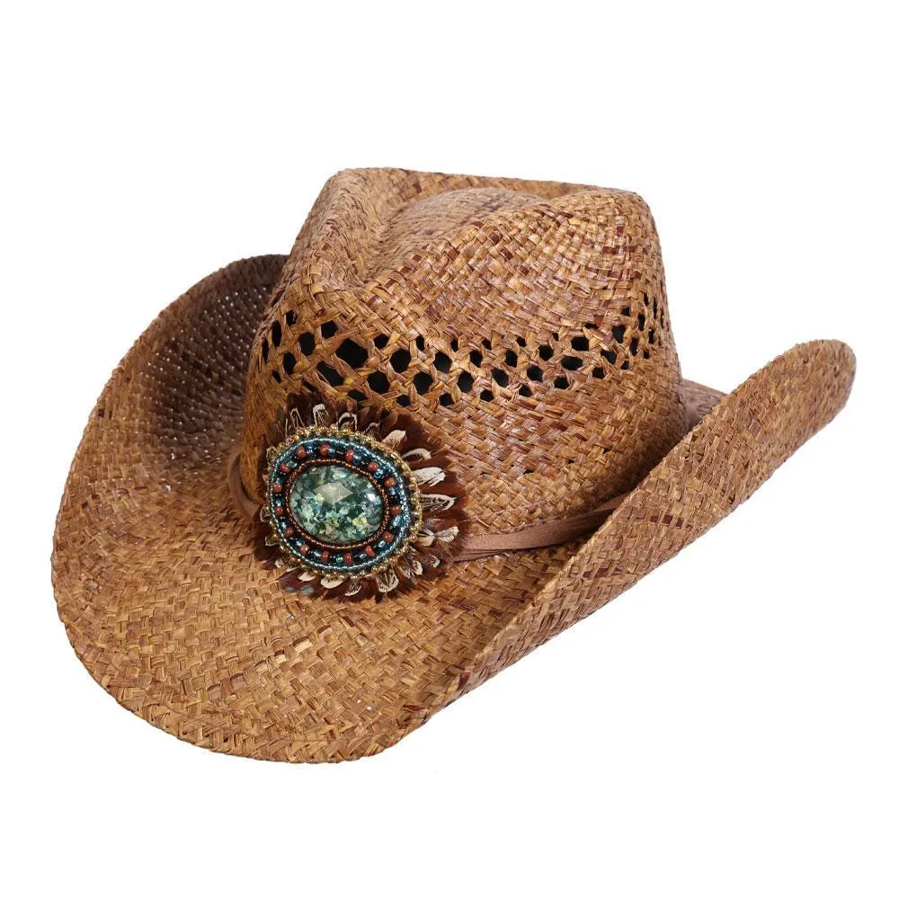 Navajo Western Bead and Feather Raffia Hat