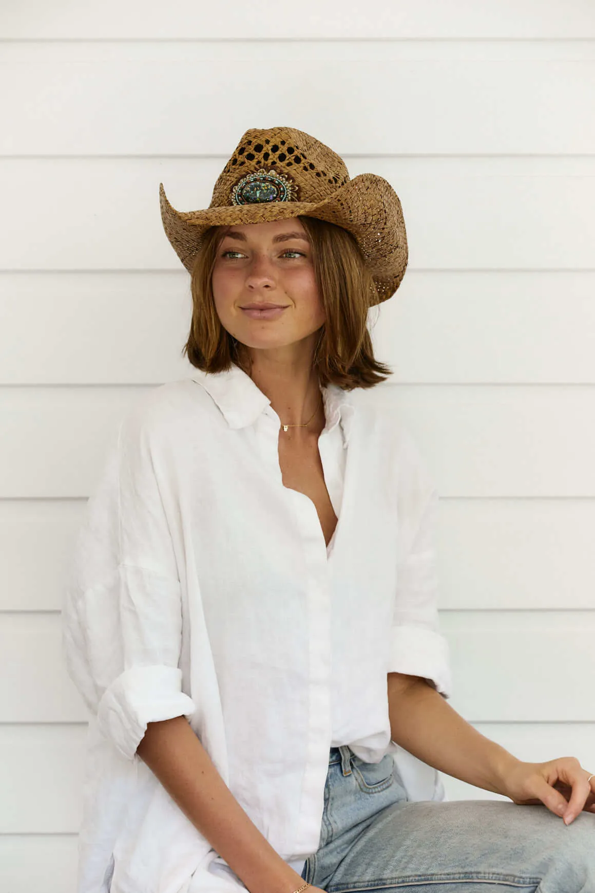 Navajo Western Bead and Feather Raffia Hat