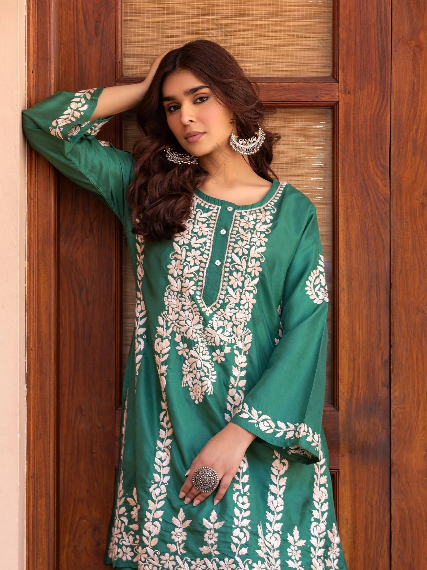 Nisa in Saba Chikankari Kurta Set in Habutai Silk - Green
