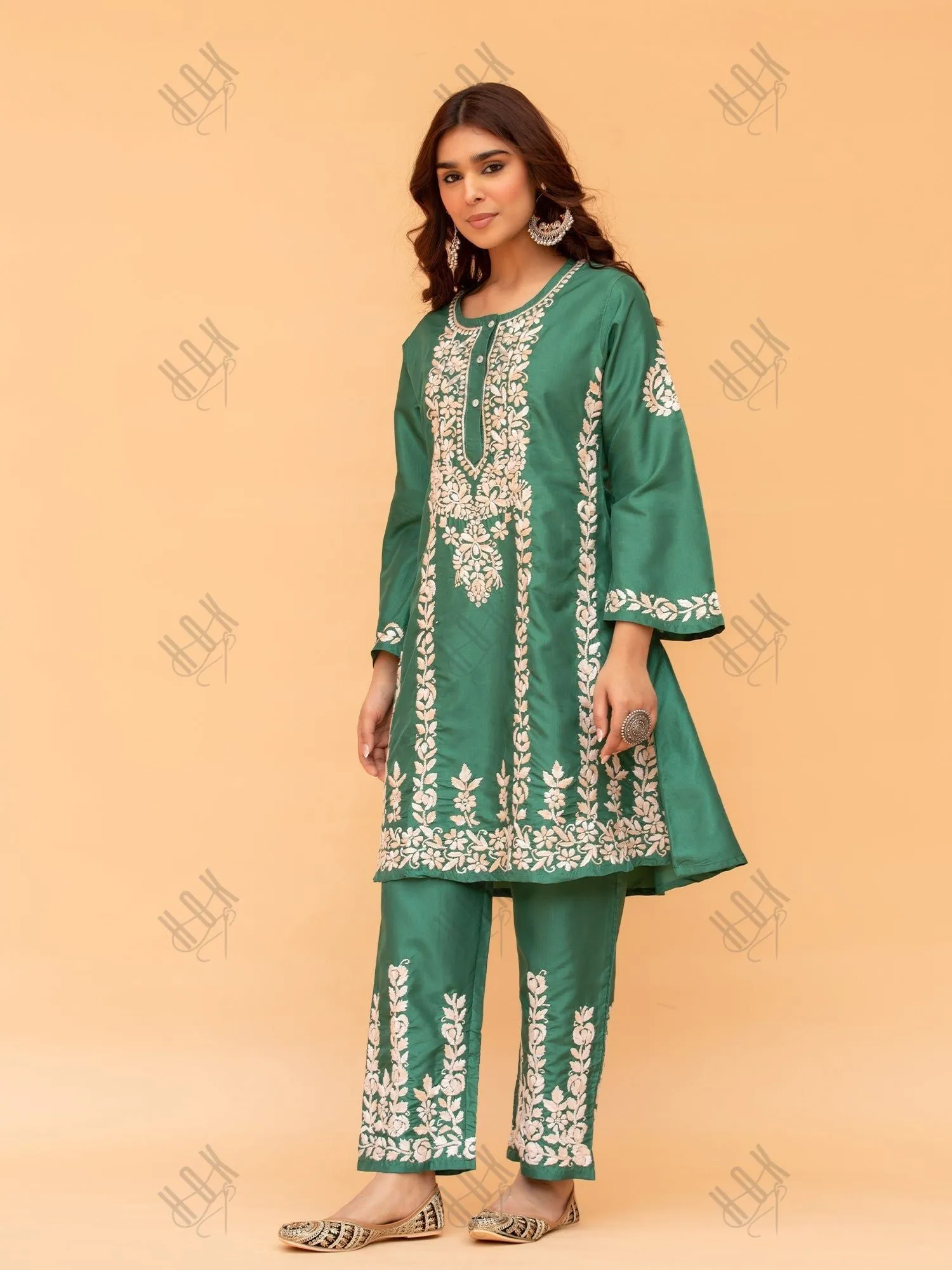 Nisa in Saba Chikankari Kurta Set in Habutai Silk - Green