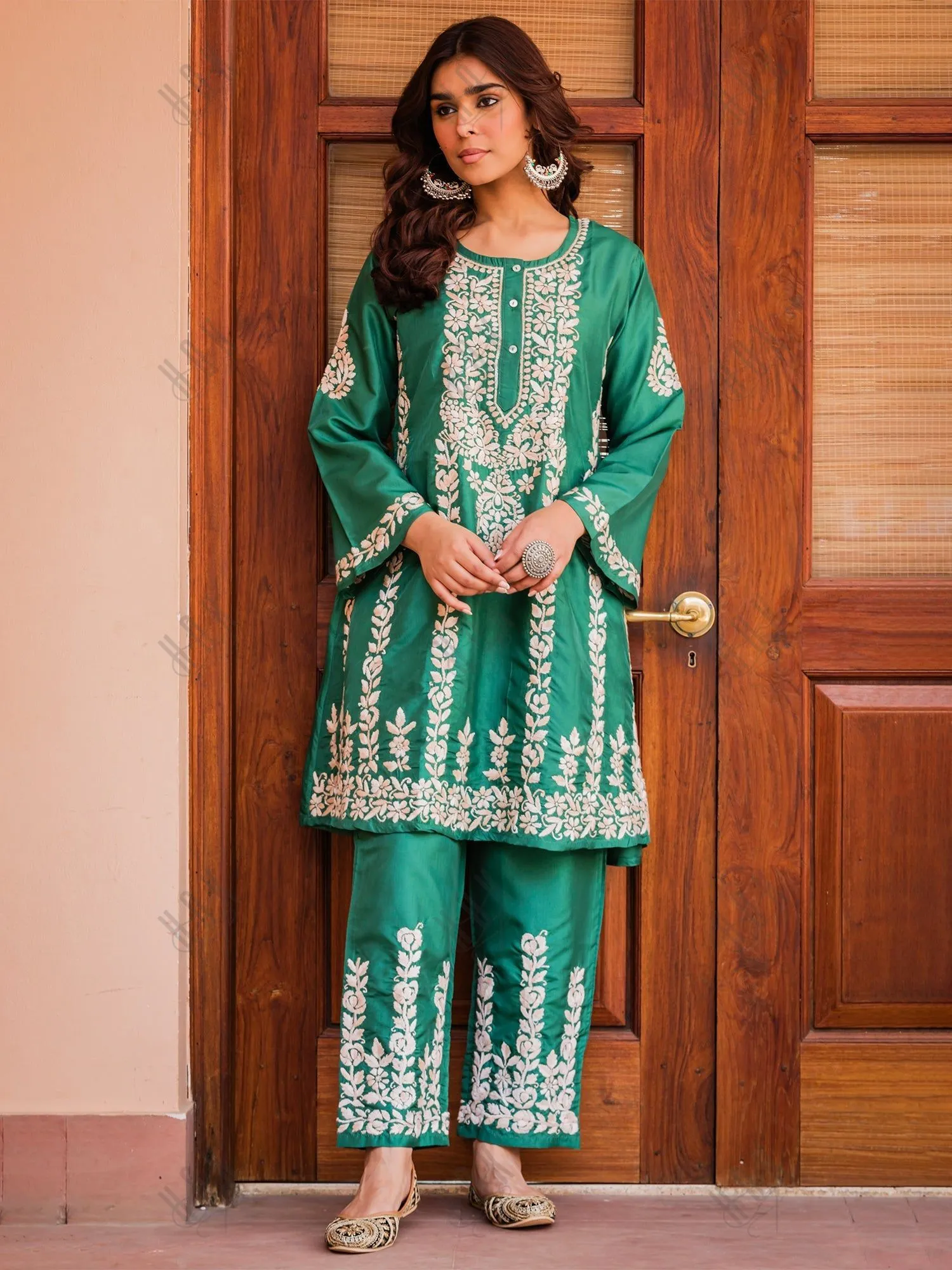 Nisa in Saba Chikankari Kurta Set in Habutai Silk - Green