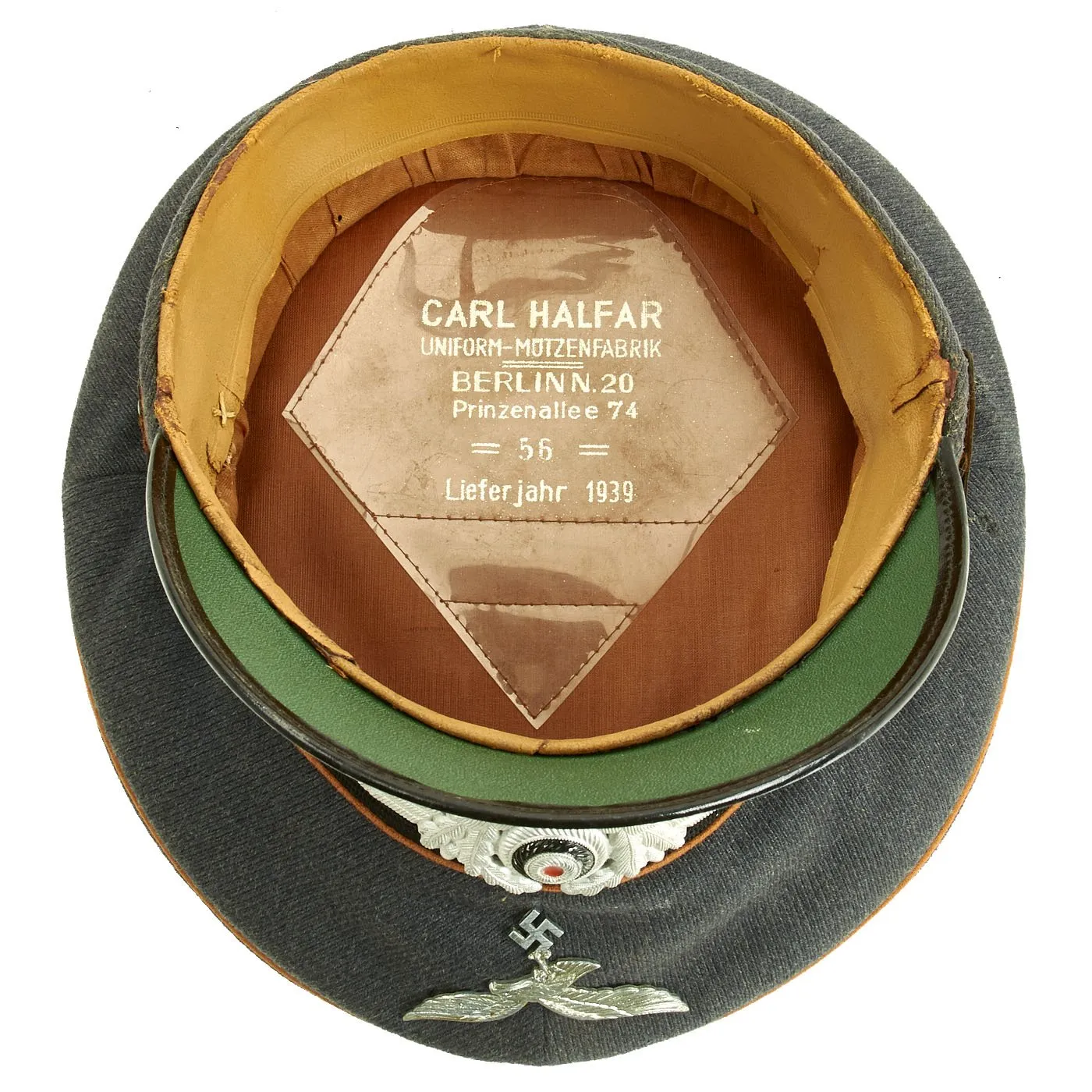 Original German WWII 1939 dated Luftwaffe Signals EM/NCO Visor Cap by Carl Halfar - Size 56