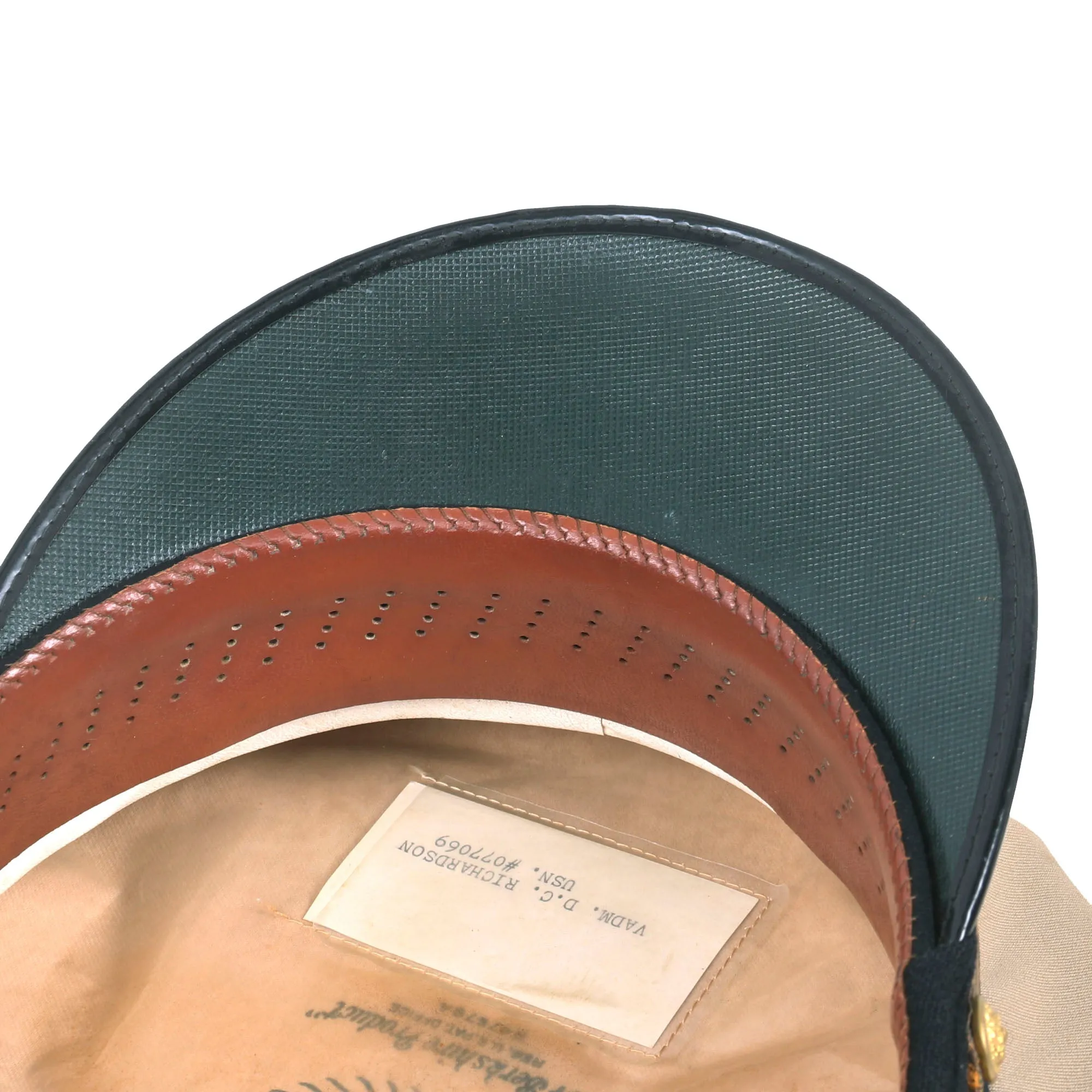 Original U.S. Vietnam War Era Vice Admiral David Richardson Khaki Service Uniform Peaked Visor Cap by Berkshire With Naval History Division Printout - Deputy Commander US Pacific Fleet (1970 - 1972)