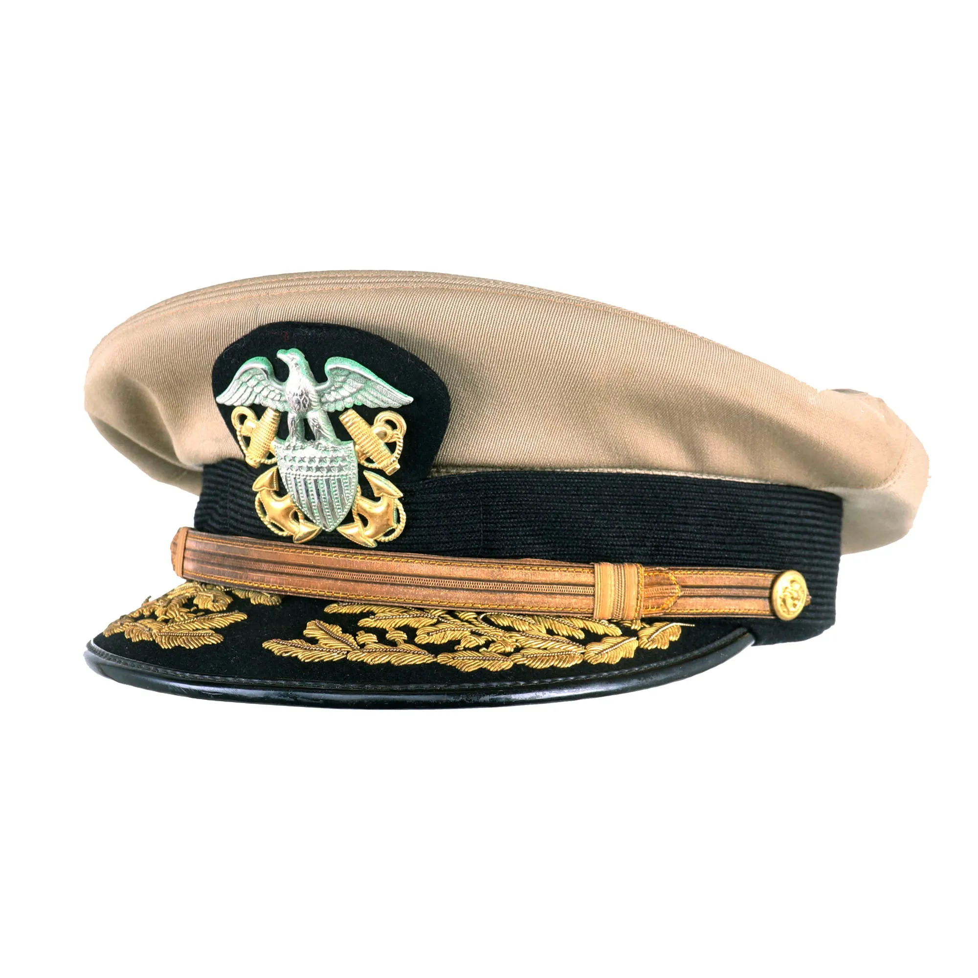 Original U.S. Vietnam War Era Vice Admiral David Richardson Khaki Service Uniform Peaked Visor Cap by Berkshire With Naval History Division Printout - Deputy Commander US Pacific Fleet (1970 - 1972)