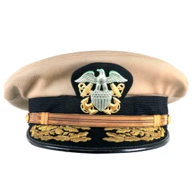 Original U.S. Vietnam War Era Vice Admiral David Richardson Khaki Service Uniform Peaked Visor Cap by Berkshire With Naval History Division Printout - Deputy Commander US Pacific Fleet (1970 - 1972)