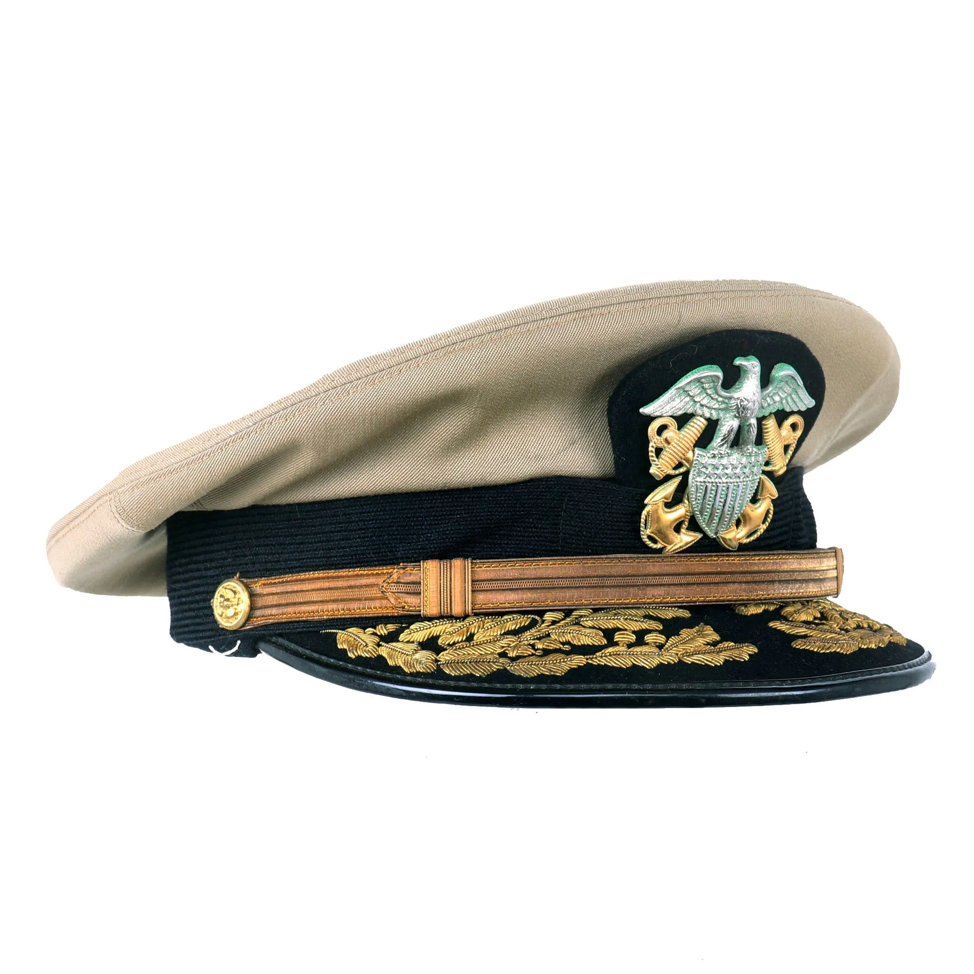 Original U.S. Vietnam War Era Vice Admiral David Richardson Khaki Service Uniform Peaked Visor Cap by Berkshire With Naval History Division Printout - Deputy Commander US Pacific Fleet (1970 - 1972)