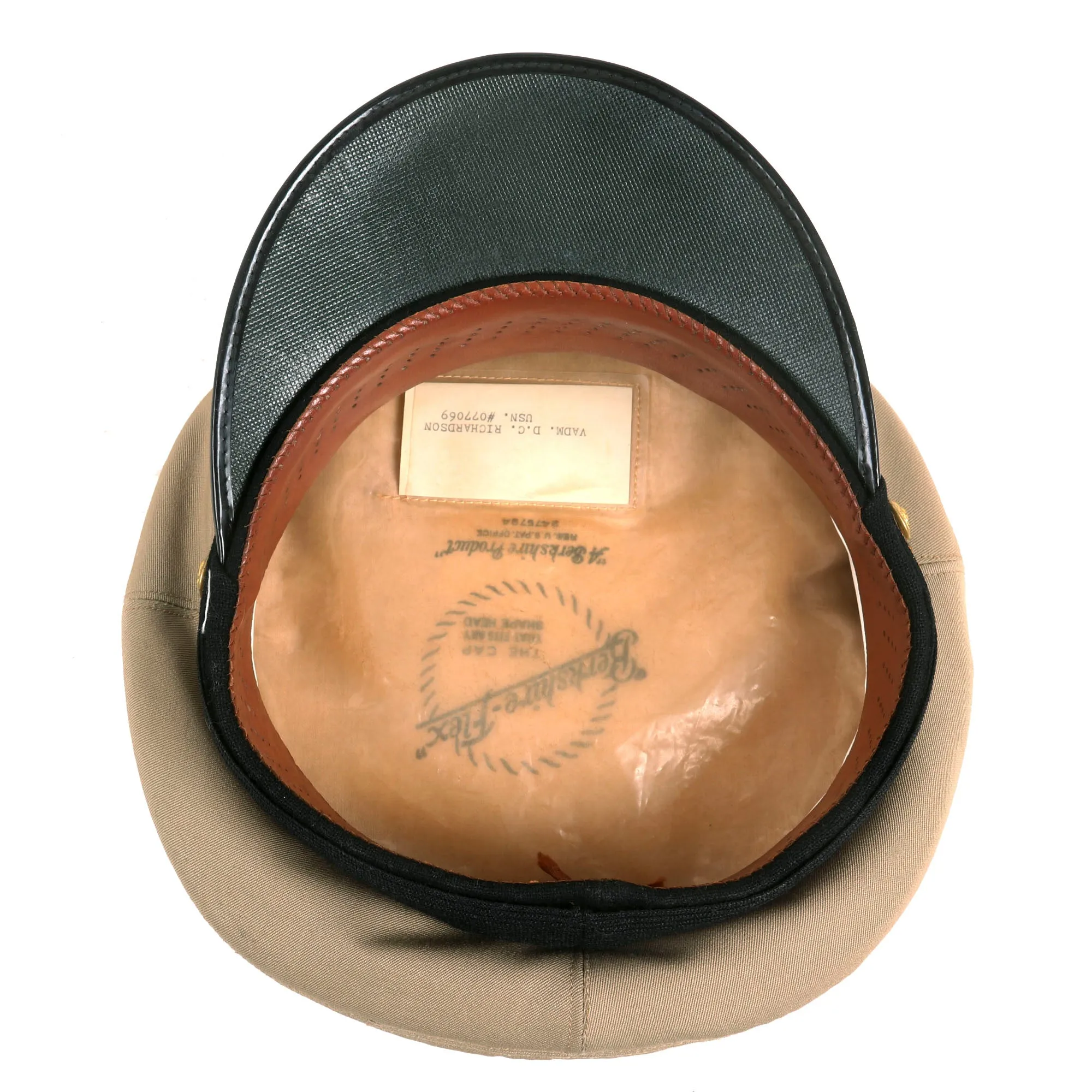 Original U.S. Vietnam War Era Vice Admiral David Richardson Khaki Service Uniform Peaked Visor Cap by Berkshire With Naval History Division Printout - Deputy Commander US Pacific Fleet (1970 - 1972)