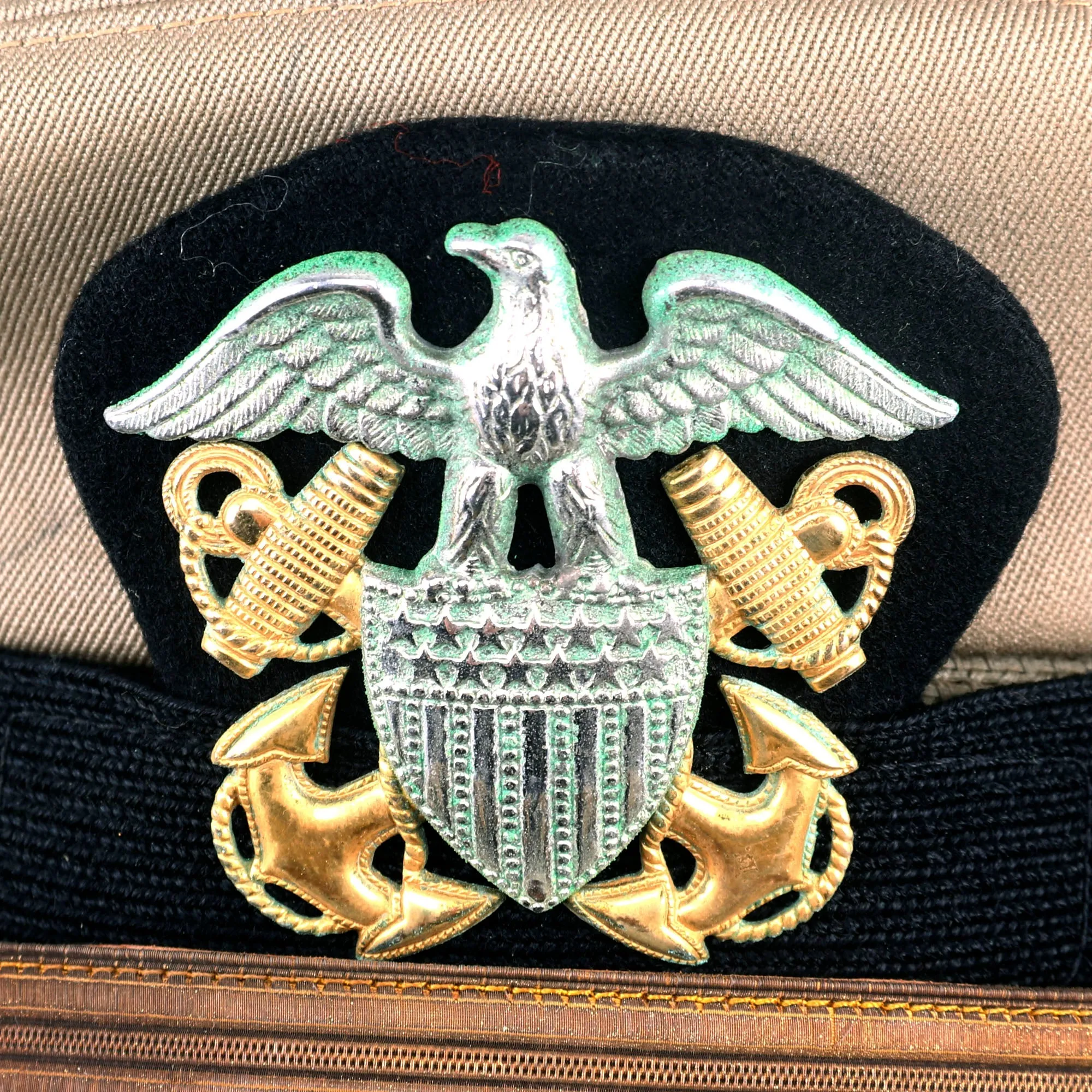 Original U.S. Vietnam War Era Vice Admiral David Richardson Khaki Service Uniform Peaked Visor Cap by Berkshire With Naval History Division Printout - Deputy Commander US Pacific Fleet (1970 - 1972)