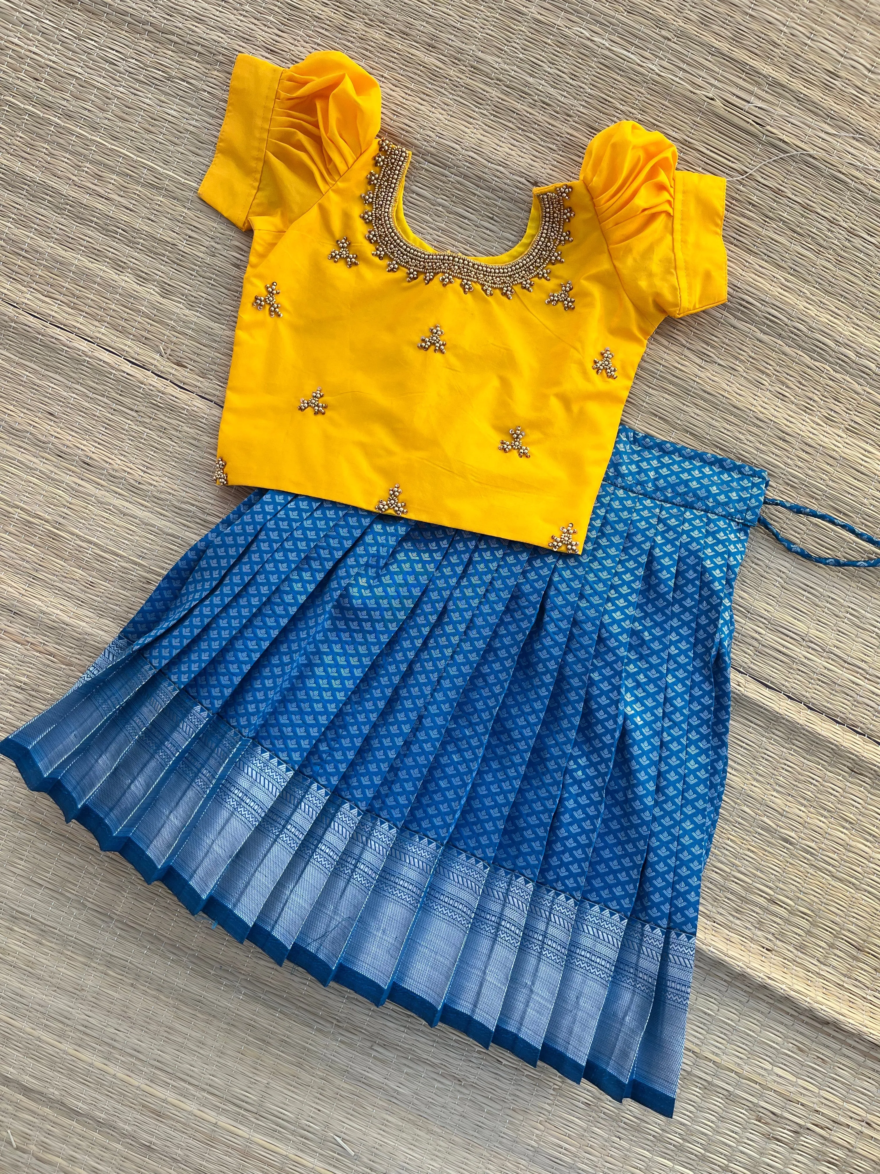 PRE ORDER : Chic Simplicity: Semi Silk Yellow Aari Top and Cool-Toned Skirt Duo