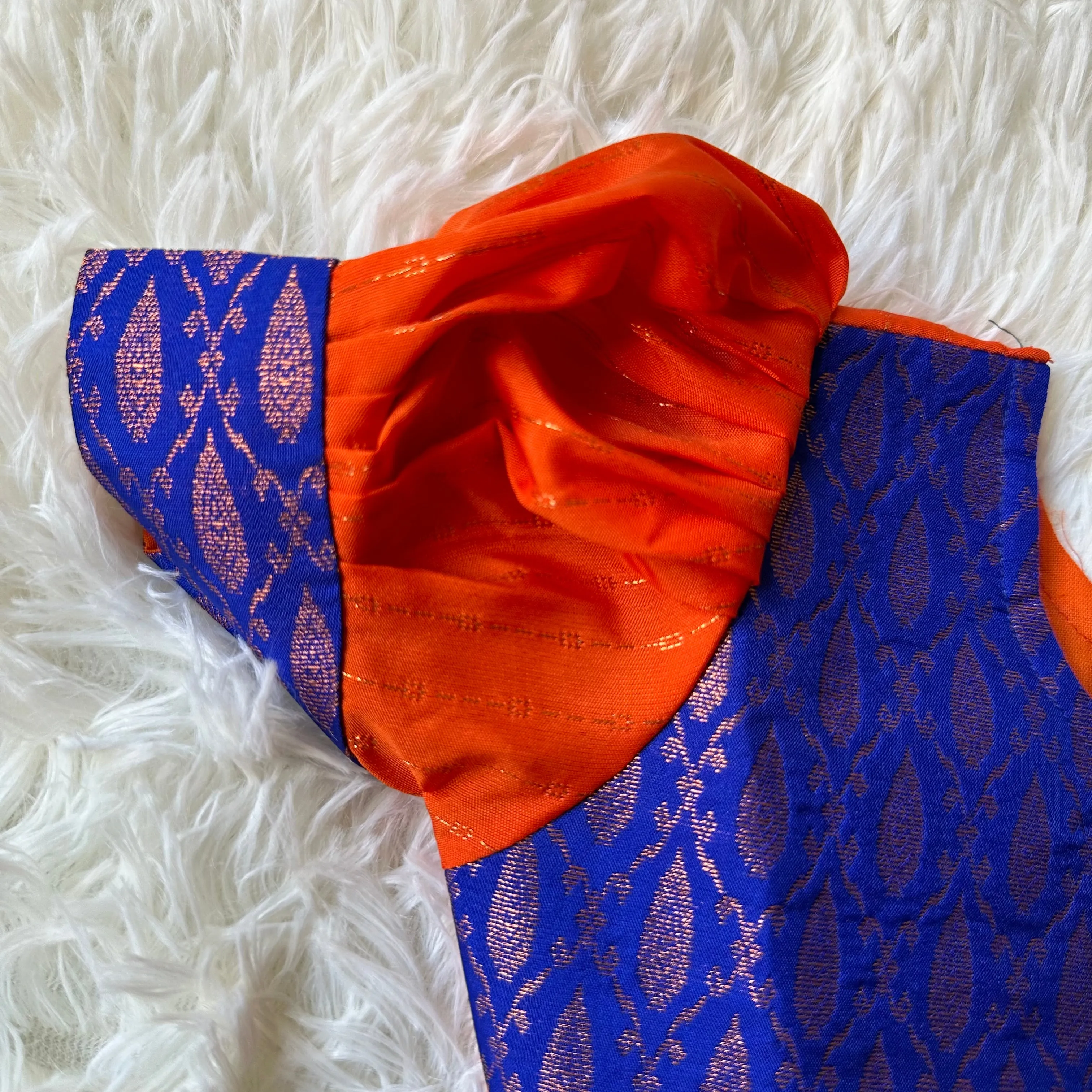 Regal Elegance: Semi Silk Orange and Royal Blue Frock with Puff Sleeves