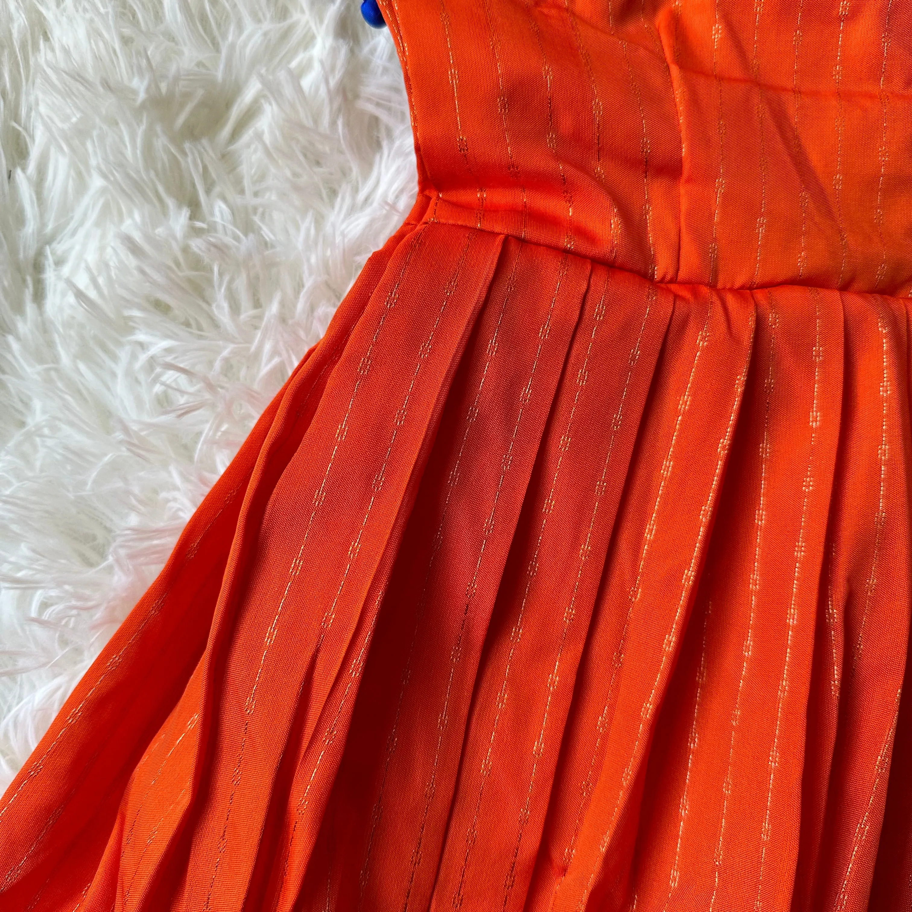 Regal Elegance: Semi Silk Orange and Royal Blue Frock with Puff Sleeves