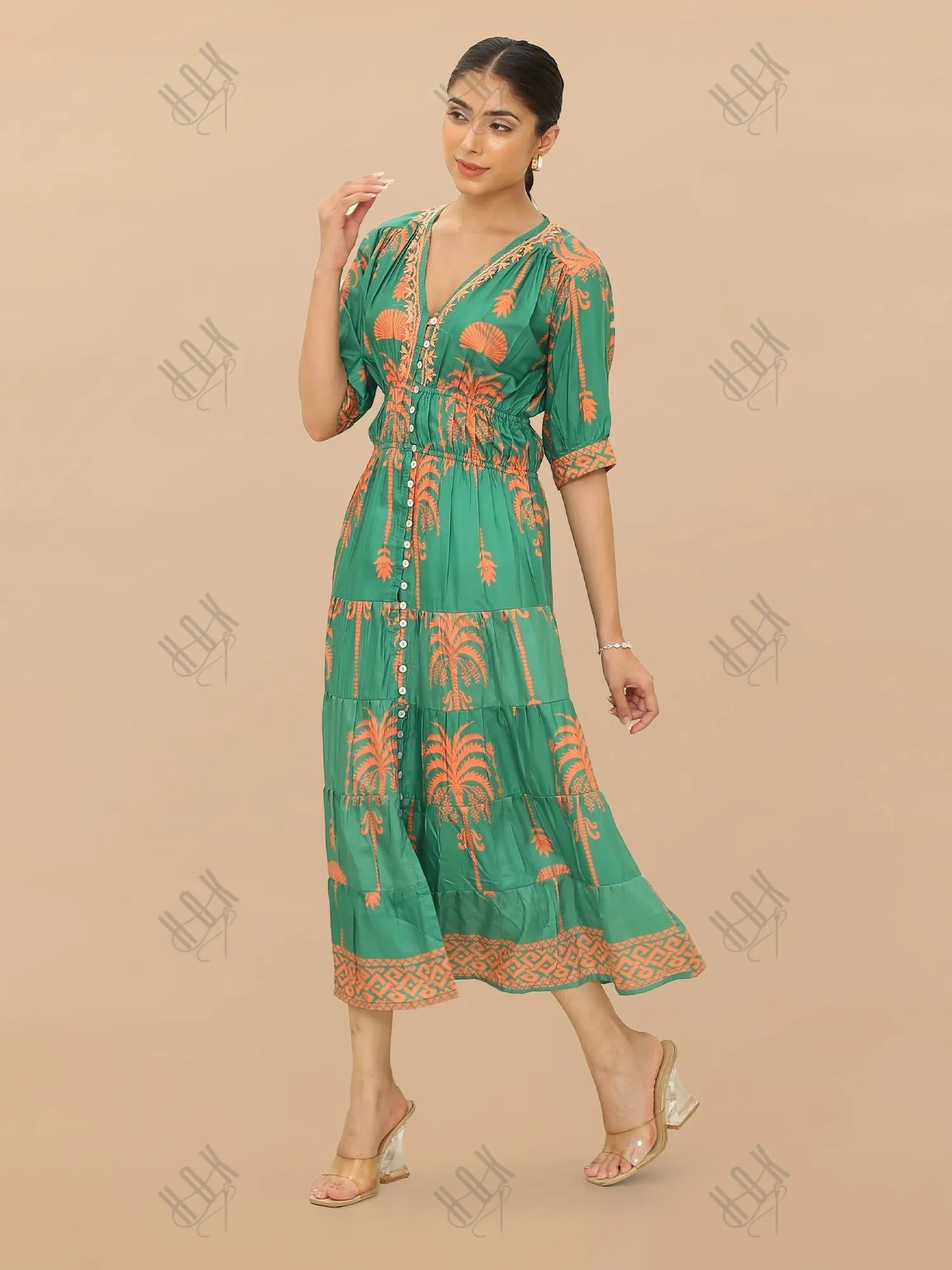Saba Chikanakri Dress in Printed Muslin  - Green